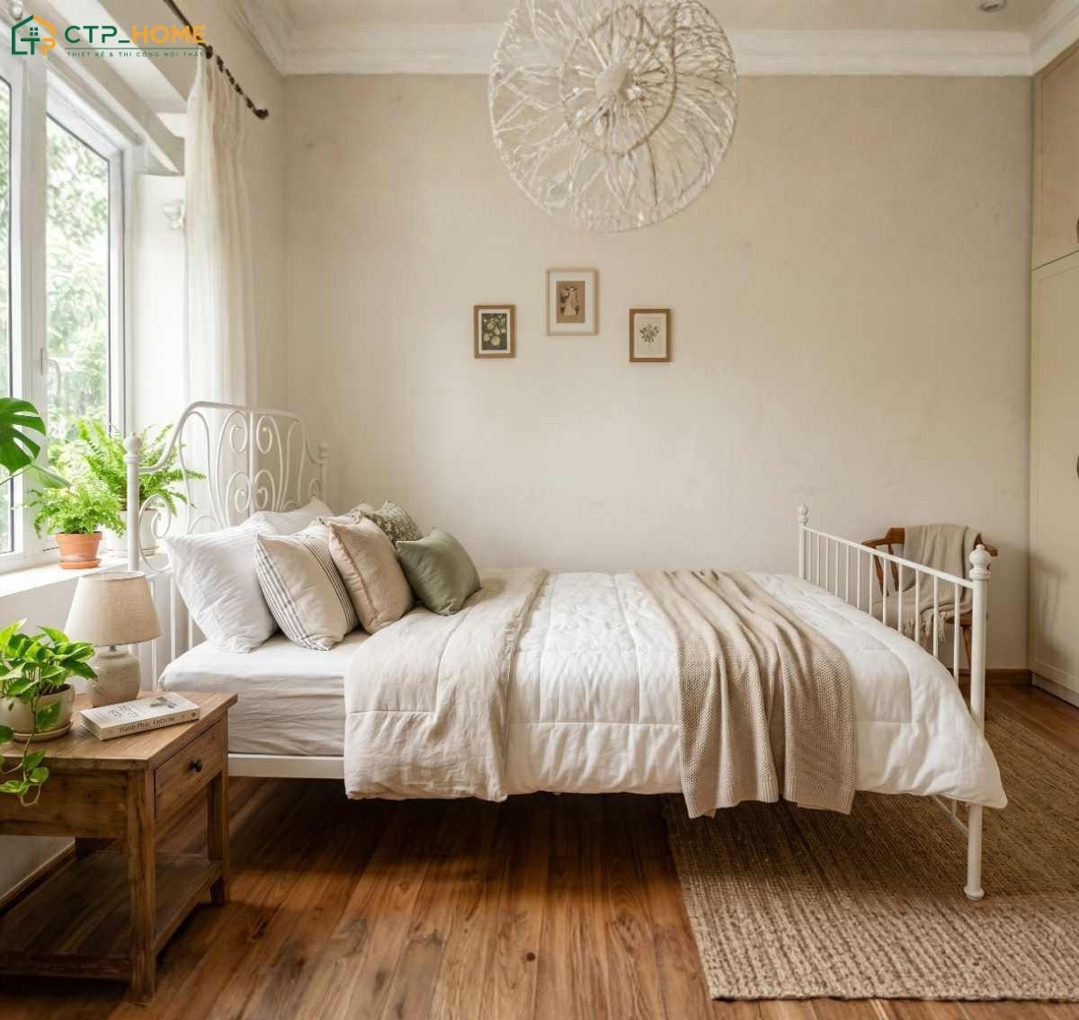 Bố trí chậu cây nhỏ sẽ giúp phòng ngủ phong cách Hàn Quốc trở nên gần gũi hơn với thiên nhiên