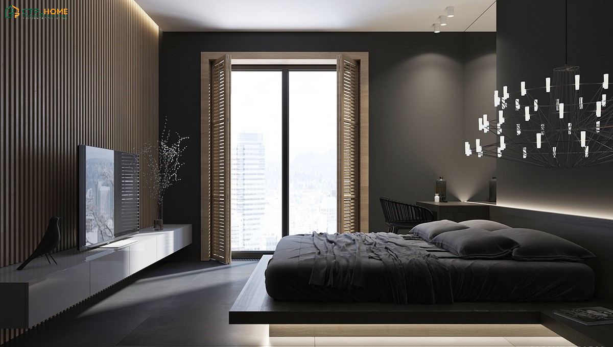 Gia chủ nên kết hợp ánh sáng tự nhiên với đèn chiếu sáng để cân bằng sắc đen trong phòng ngủ
