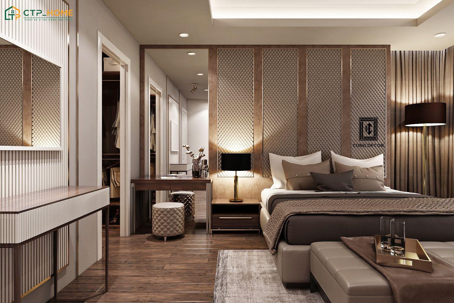 Mẫu thiết kế phòng ngủ phong cách Châu Âu cao cấp thường bố trí thêm phòng thay đồ để tạo sự tiện nghi