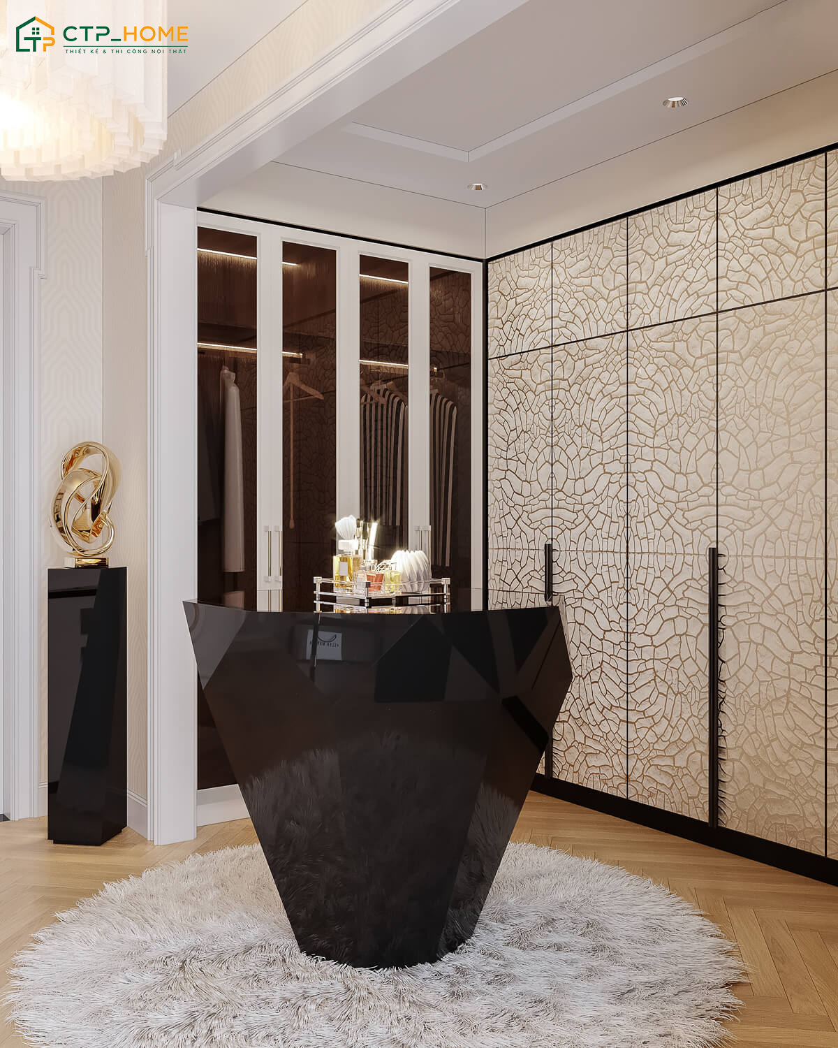 Khu vực thay đồ sẽ được bố trí cạnh bàn trang trí để tạo điểm nhấn cho toàn bộ không gian