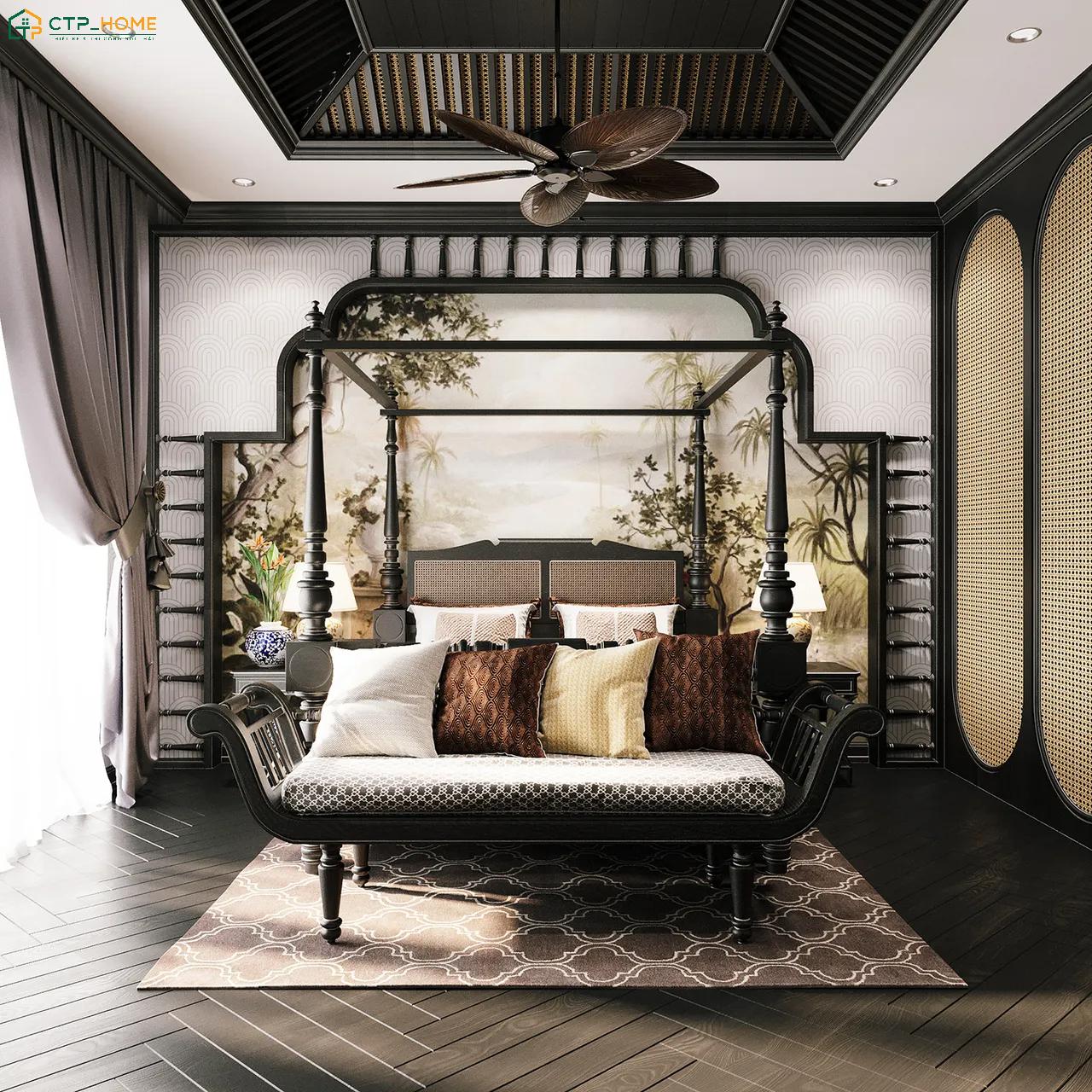 Mẫu phòng ngủ phong cách Indochine truyền thống sẽ giữ trọn vẻ đẹp nguyên bản của kiến trúc Đông Dương