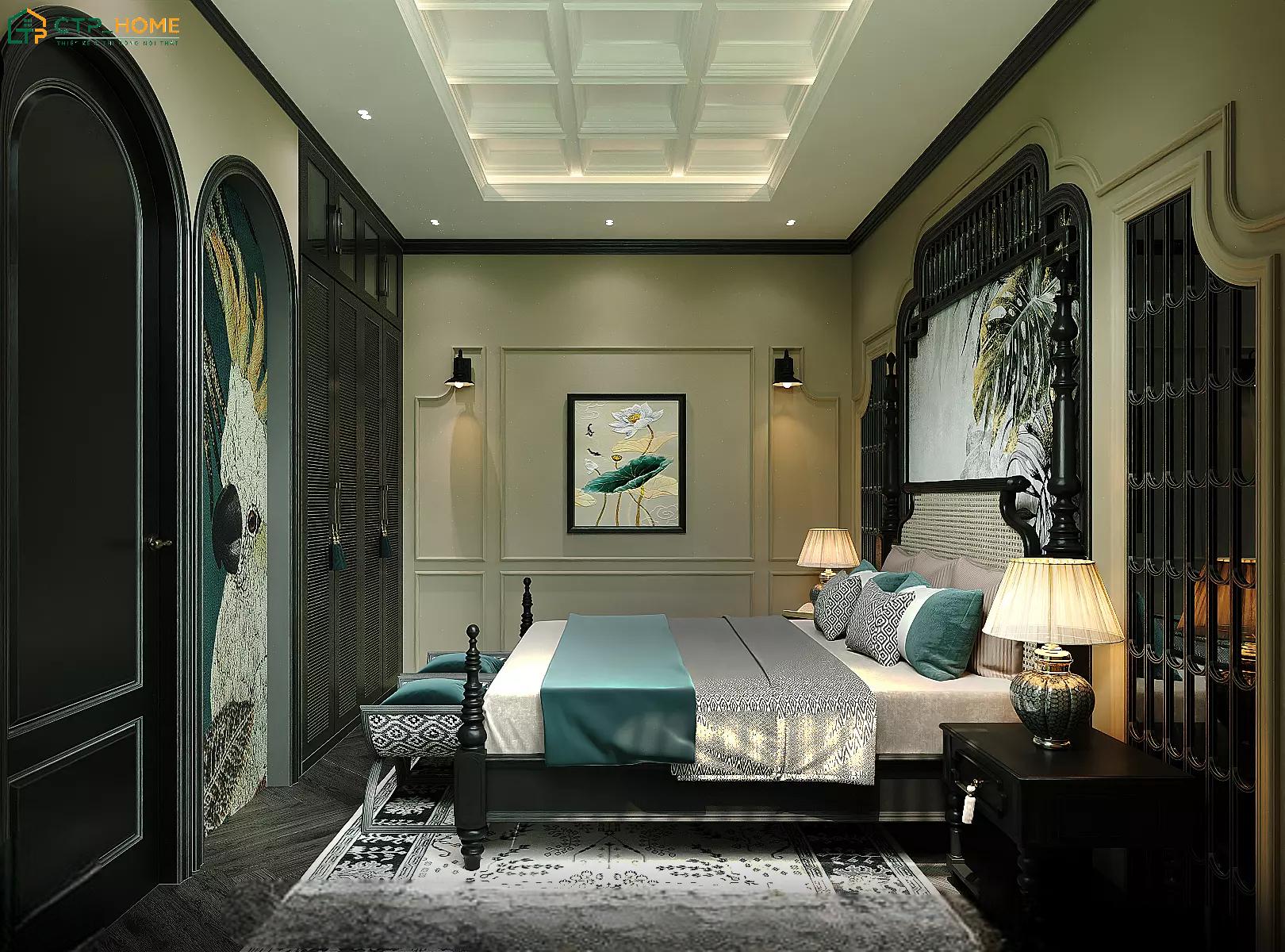 Mẫu thiết kế phòng ngủ Indochine truyền thống sẽ phù hợp với những gia chủ yêu thích vẻ đẹp xưa cũ