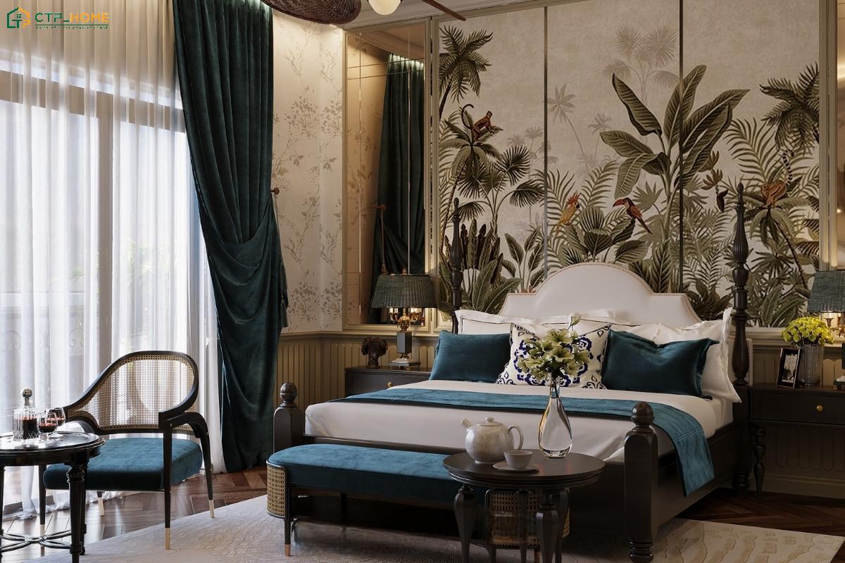Mẫu phòng ngủ Indochine kết hợp Luxury gây ấn tượng với các món đồ nội thất cao cấp và được chăm chút tỉ mỉ