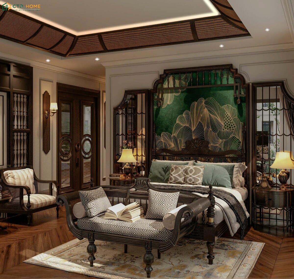 Mẫu phòng ngủ Đông Dương sẽ mang đến cảm giác ấm áp và thanh lịch thông qua những đường nét mềm mại