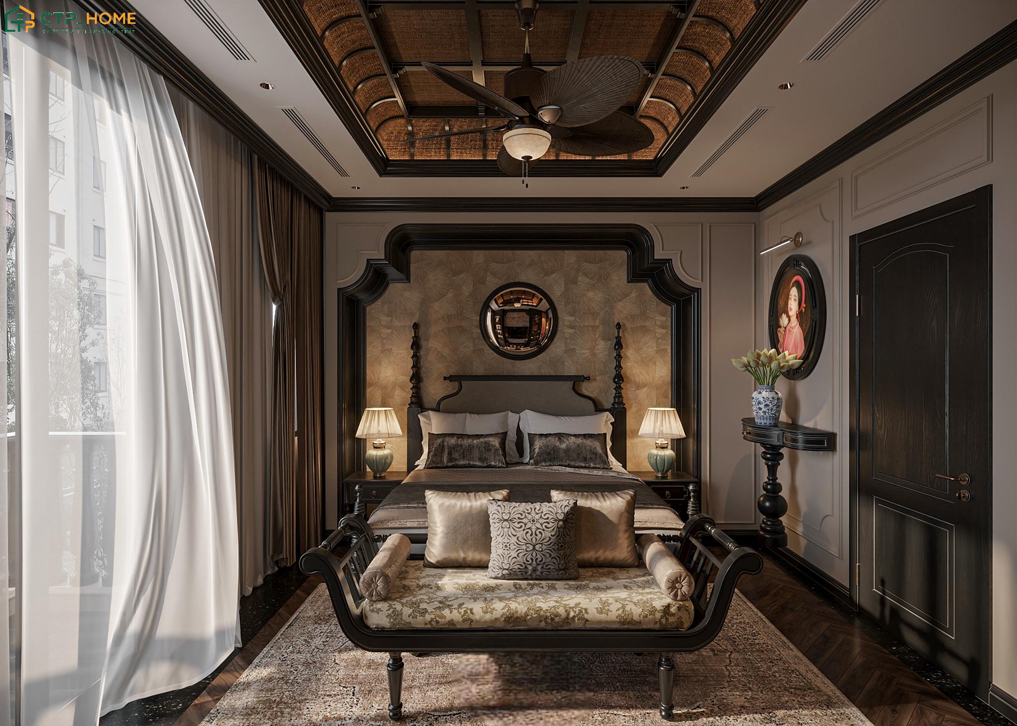 Mẫu phòng ngủ nhỏ Indochine sẽ ưu tiên nội thất gọn gàng và các chi tiết trang trí hoài cổ nhẹ nhàng