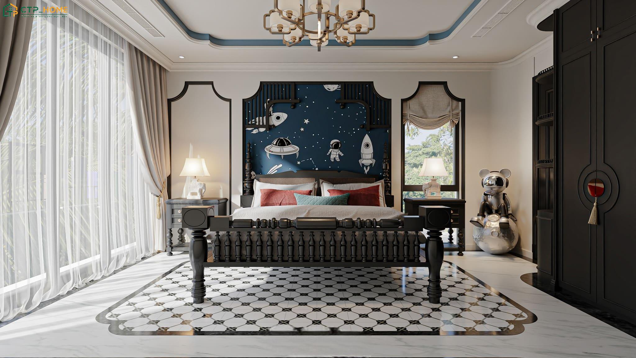 Mẫu phòng ngủ trẻ em Indochine sẽ bố trí giường ngủ và bàn học gọn gàng để tạo nhiều khoảng trống