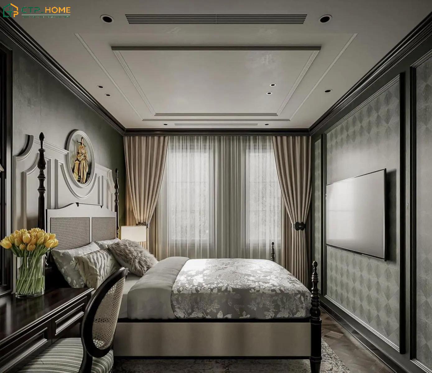 Mẫu phòng ngủ Indochine sử dụng đồ nội thất bằng gỗ tự nhiên giúp đảm bảo sự đồng nhất