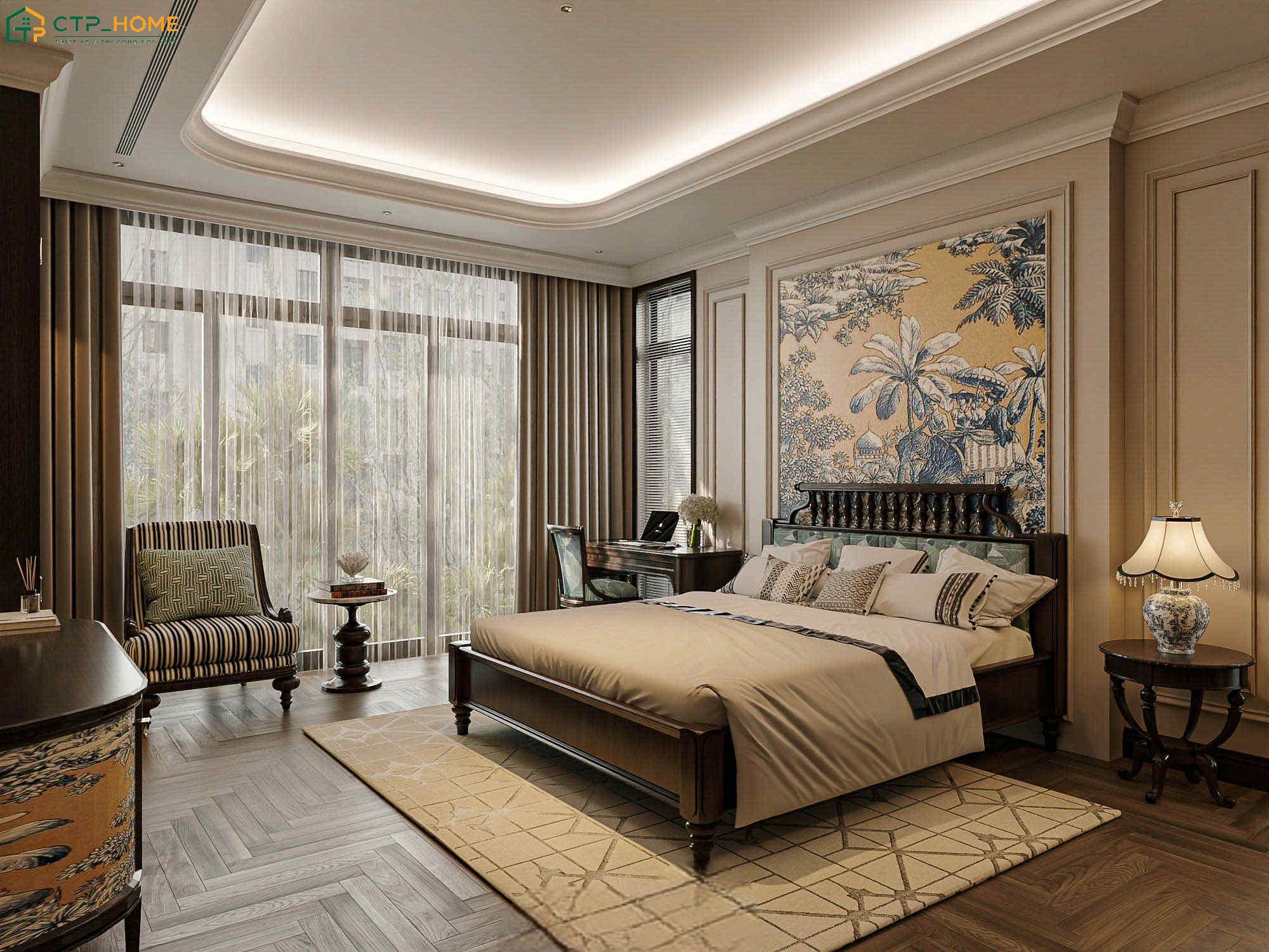 Nội thất gỗ với tông màu trầm ấm giúp làm nổi bật nét đẹp hoài cổ của phong cách Indochine