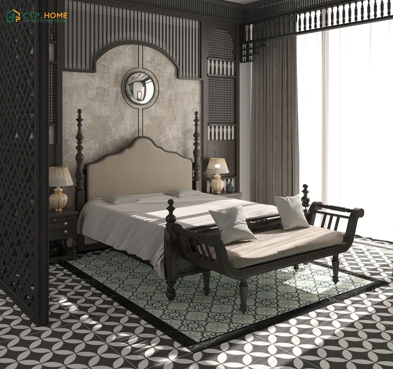 Mẫu phòng ngủ phong cách Indochine với nội thất gỗ và ánh sáng trầm ấm giúp tạo cảm giác gần gũi hơn