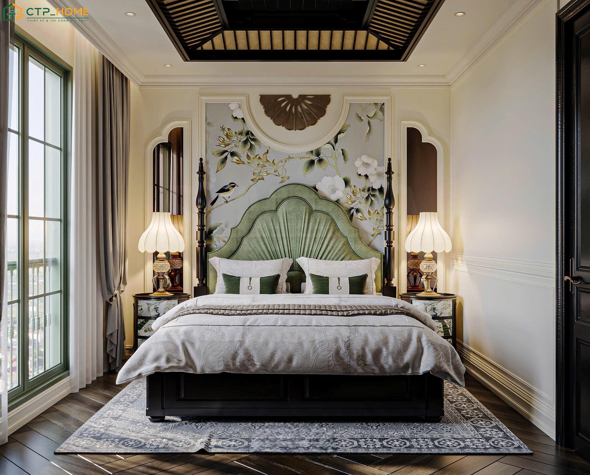 Mẫu thiết kế nội thất phòng ngủ phong cách Indochine gây ấn tượng với các họa tiết đầu giường đặc trưng