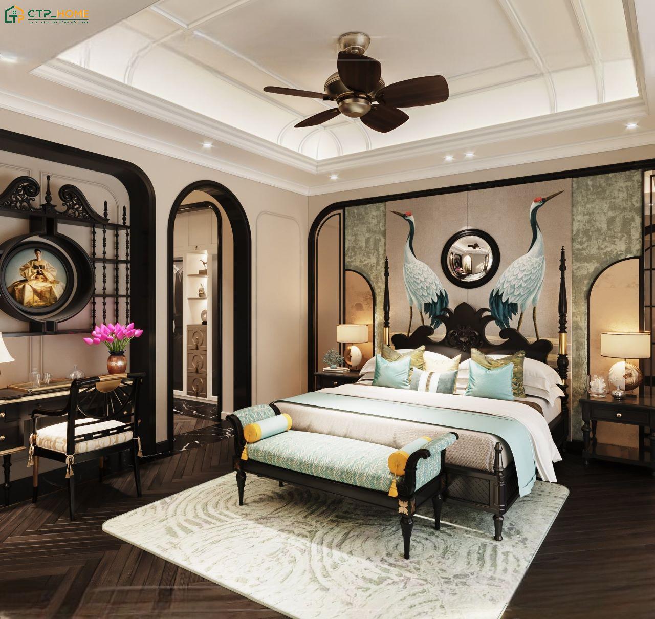 Mẫu thiết kế phòng ngủ Indochine thu hút sự chú ý với đầu giường được chạm khắc họa tiết đôi chim hạc nghệ thuật