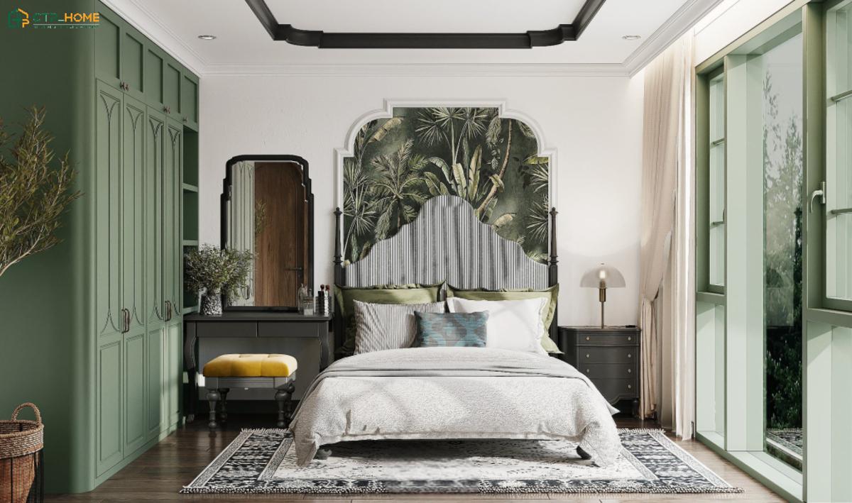 Phong cách Indochine phòng ngủ với gam màu nhiệt đới sẽ tạo cảm giác gần gũi hơn với thiên nhiên