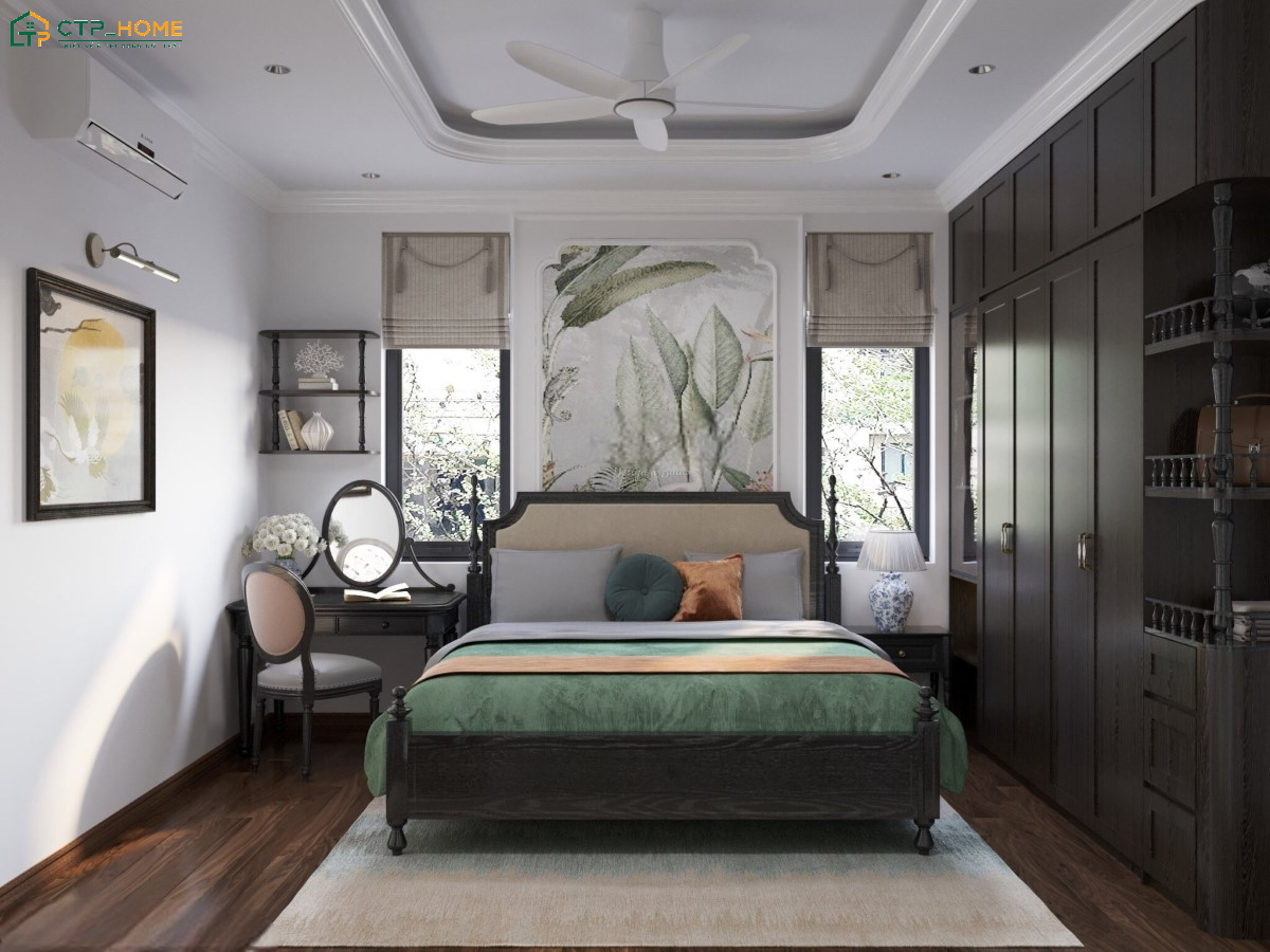 Mẫu phòng ngủ phong cách Indochine kết hợp bàn làm việc nhỏ gọn giúp đáp ứng đầy đủ nhu cầu sử dụng