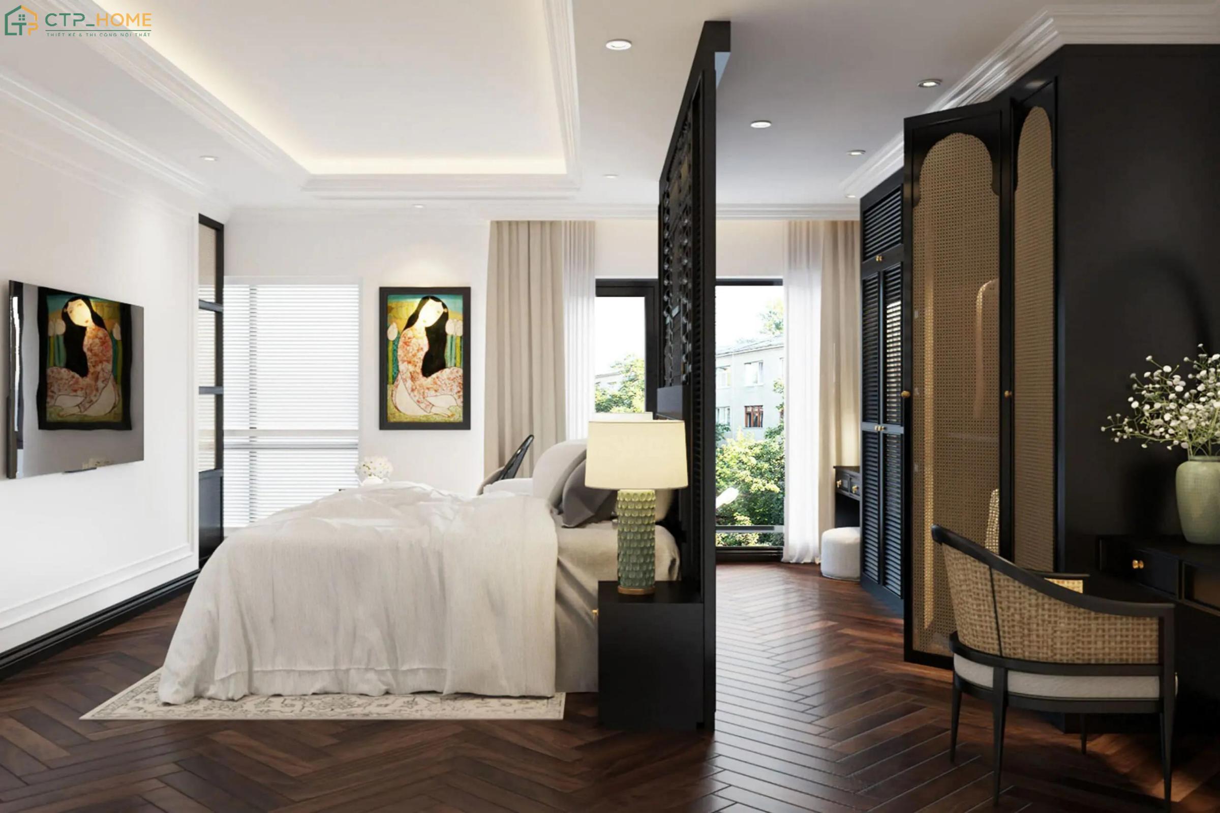 Bố trí phòng thay đồ trong phòng ngủ phong cách Indochine giúp tạo sự thuận tiện trong quá trình sinh hoạt