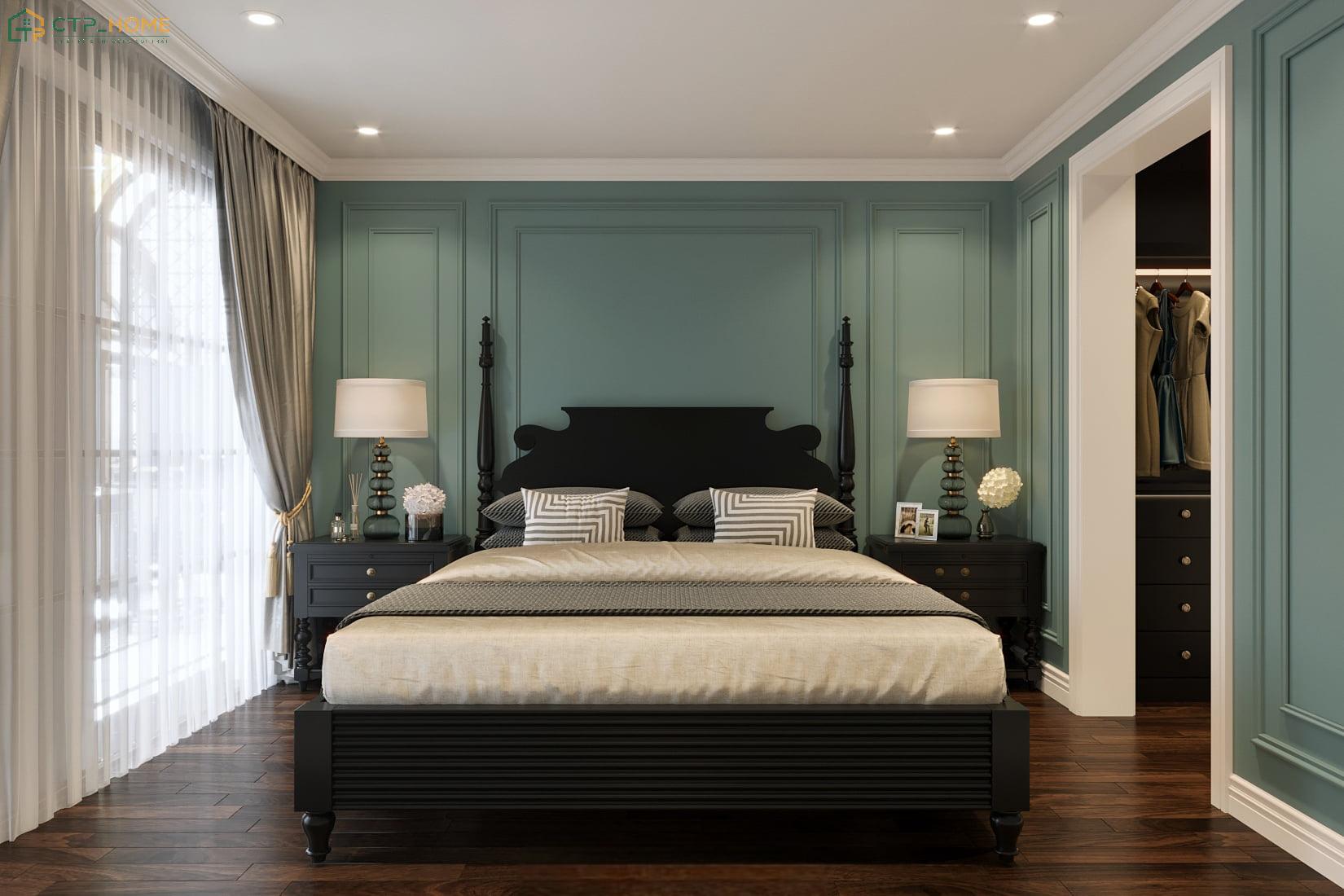 Mẫu thiết kế phòng ngủ Indochine tích hợp khu thay đồ ở cuối giường giúp tạo sự thuận tiện khi sử dụng