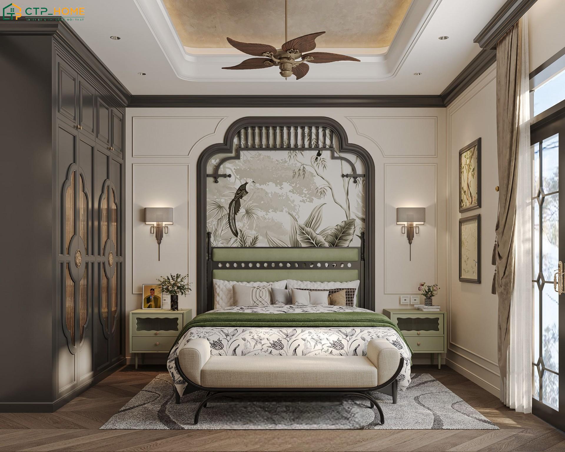 Mẫu thiết kế nội thất phòng ngủ Indochine cho gia chủ mệnh Mộc sẽ sử dụng các gam màu như xanh lá, nâu gỗ