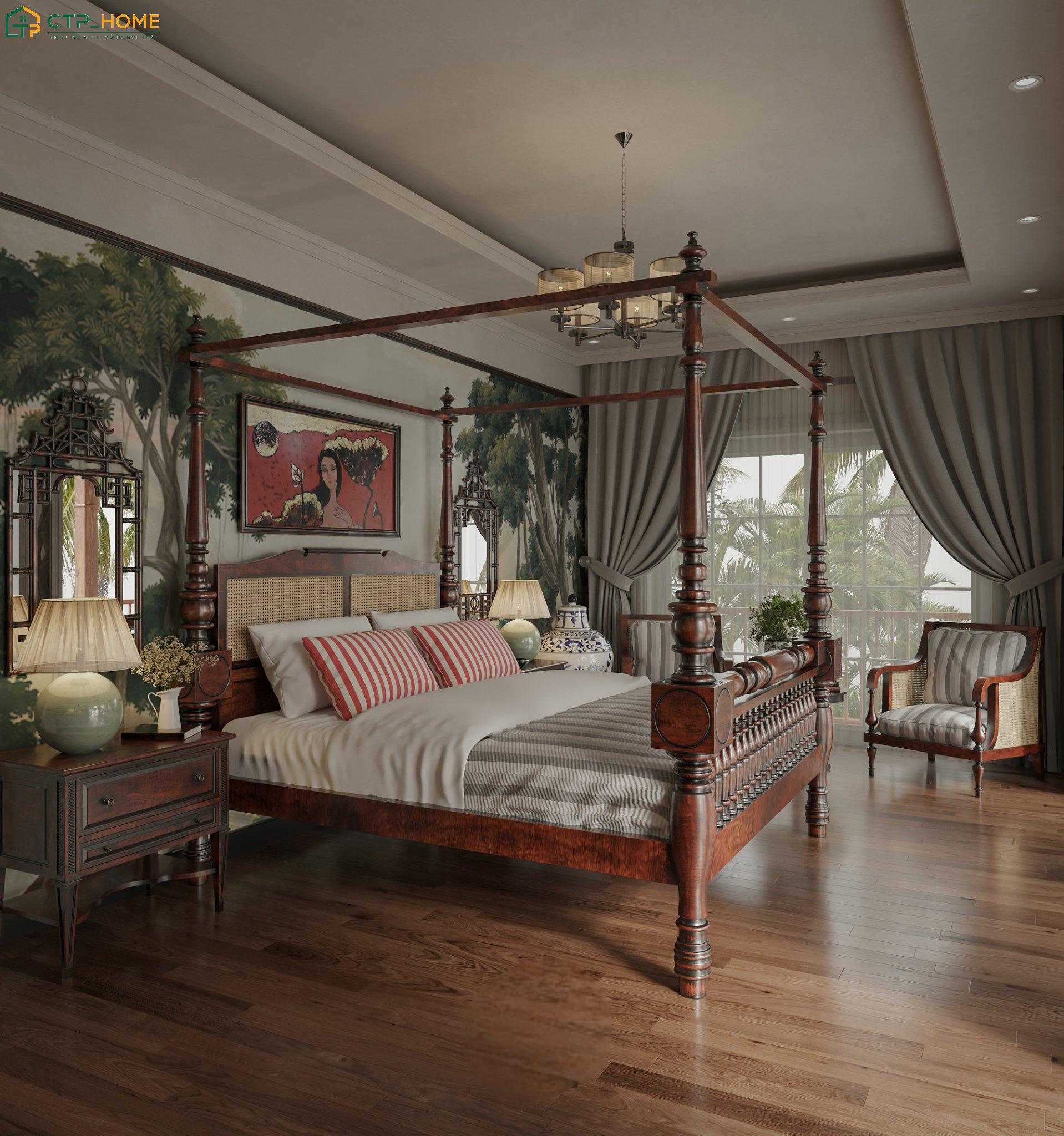 Mẫu thiết kế phòng ngủ phong cách Indochine cho gia chủ mệnh Hỏa sẽ sử dụng gam màu nổi bật và nội thất gỗ