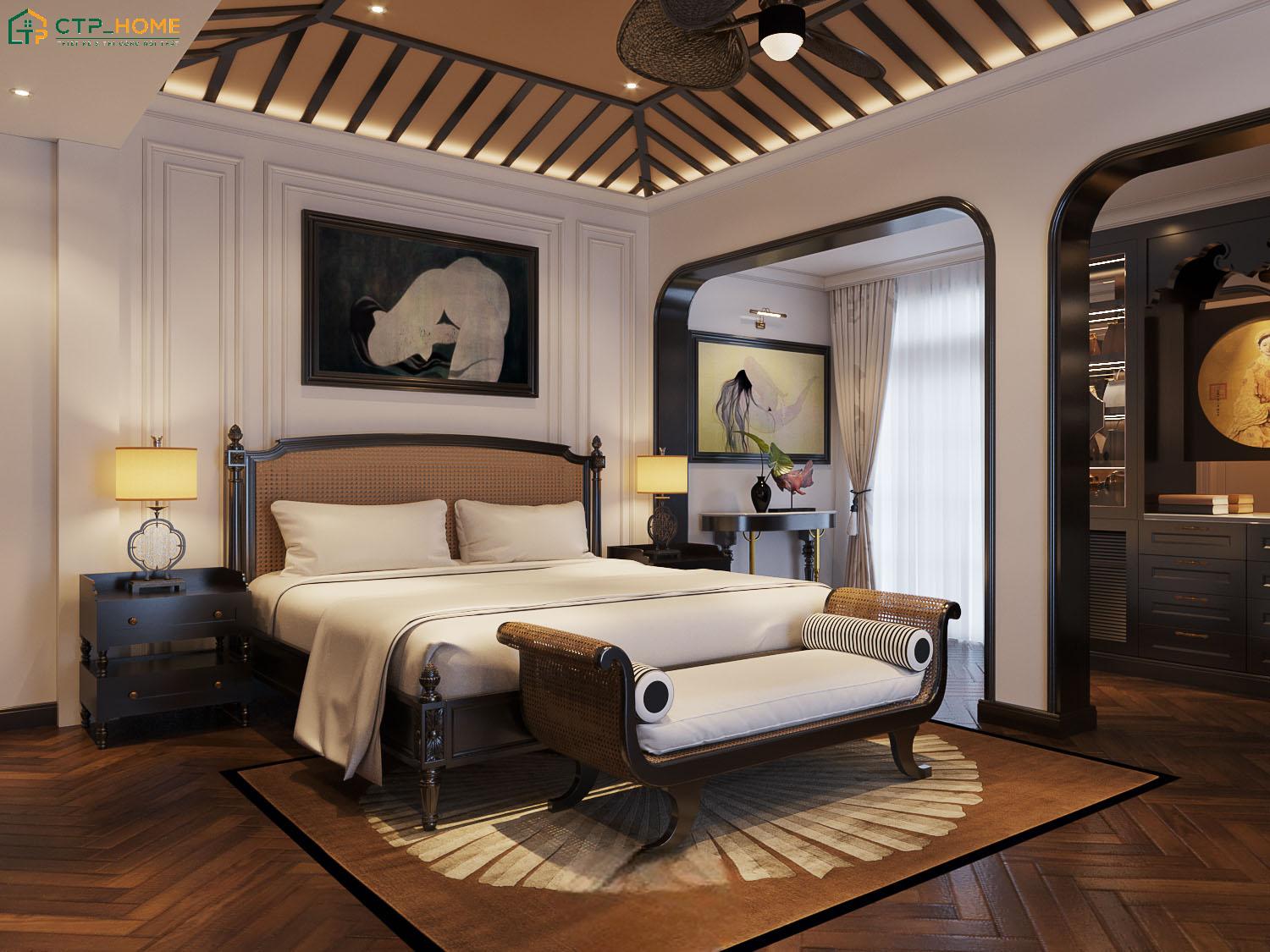 Mẫu phòng ngủ phong cách Đông Dương cho gia chủ mệnh Thổ với màu nâu đất sẽ tạo cảm giác ấm áp hơn