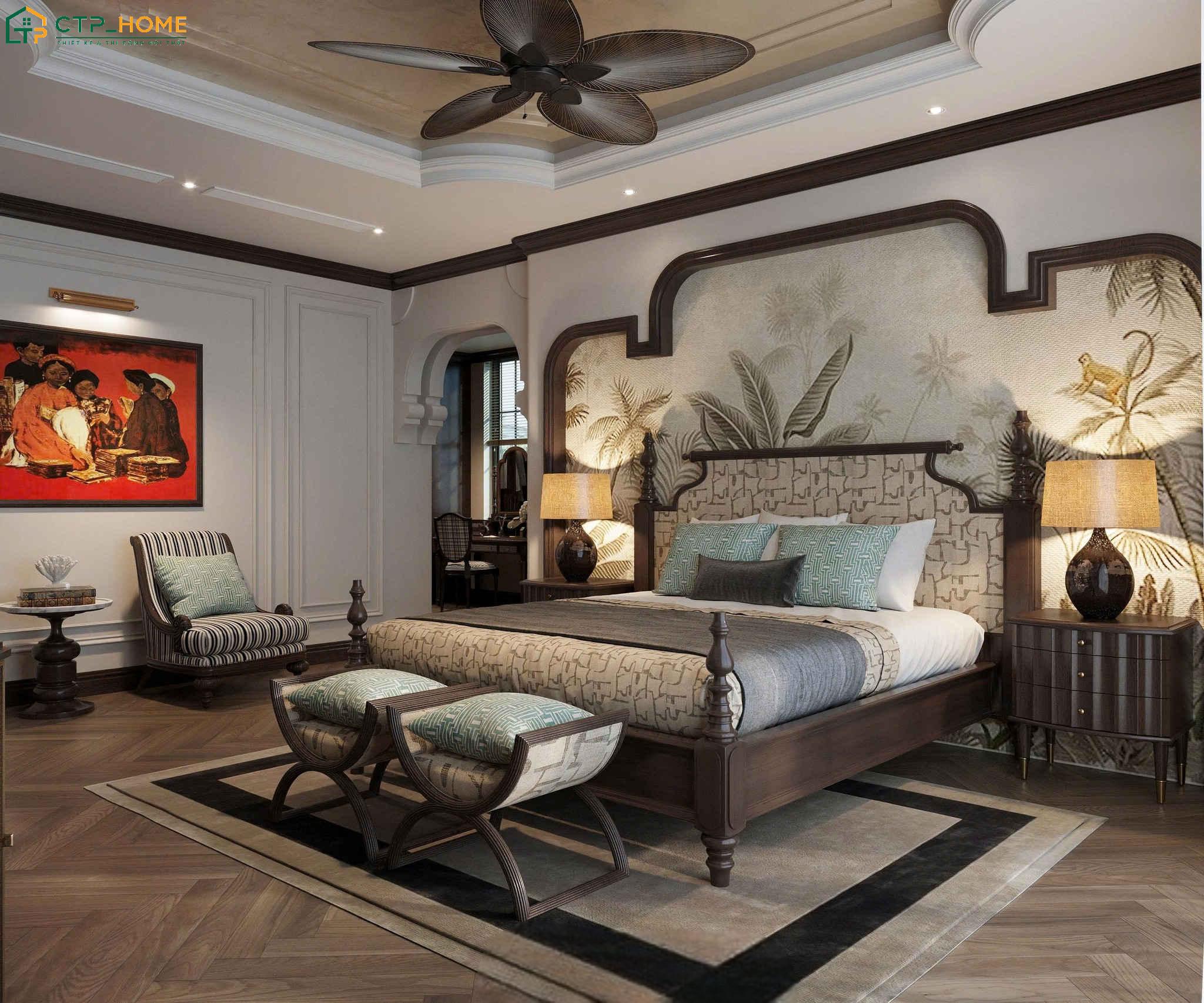 Những đường nét tinh tế cùng họa tiết Á Đông sẽ được ứng dụng khéo léo trong phòng ngủ Indochine