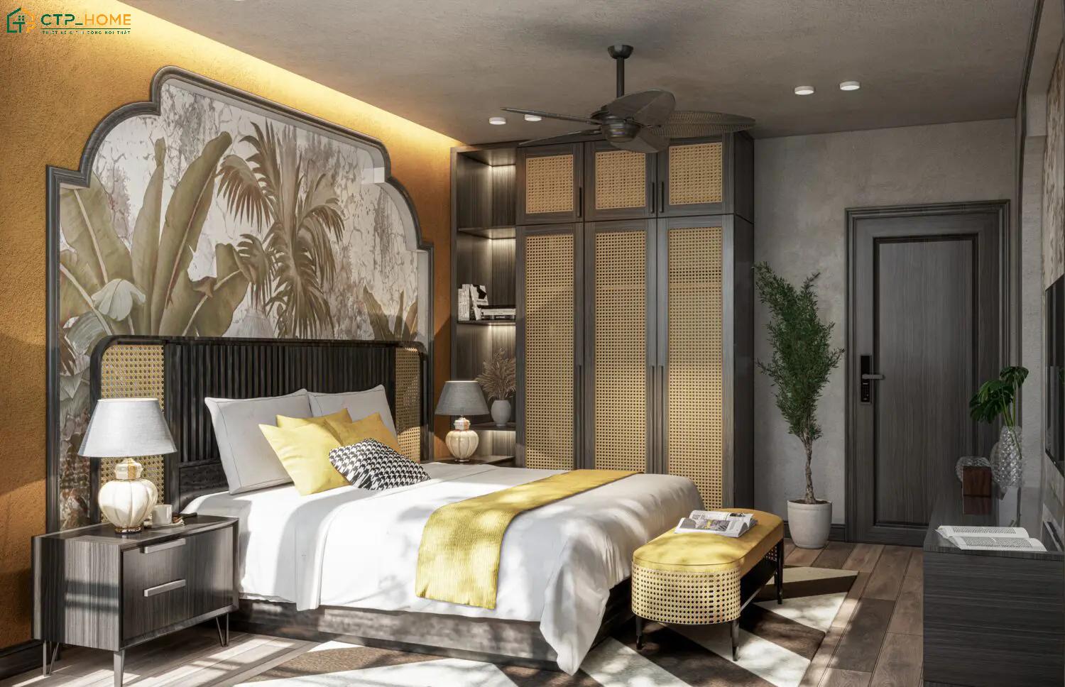Phòng ngủ Indochine nổi bật với các họa tiết và hoa văn đặc trưng như kỷ hà, hình quạt, hoa lá