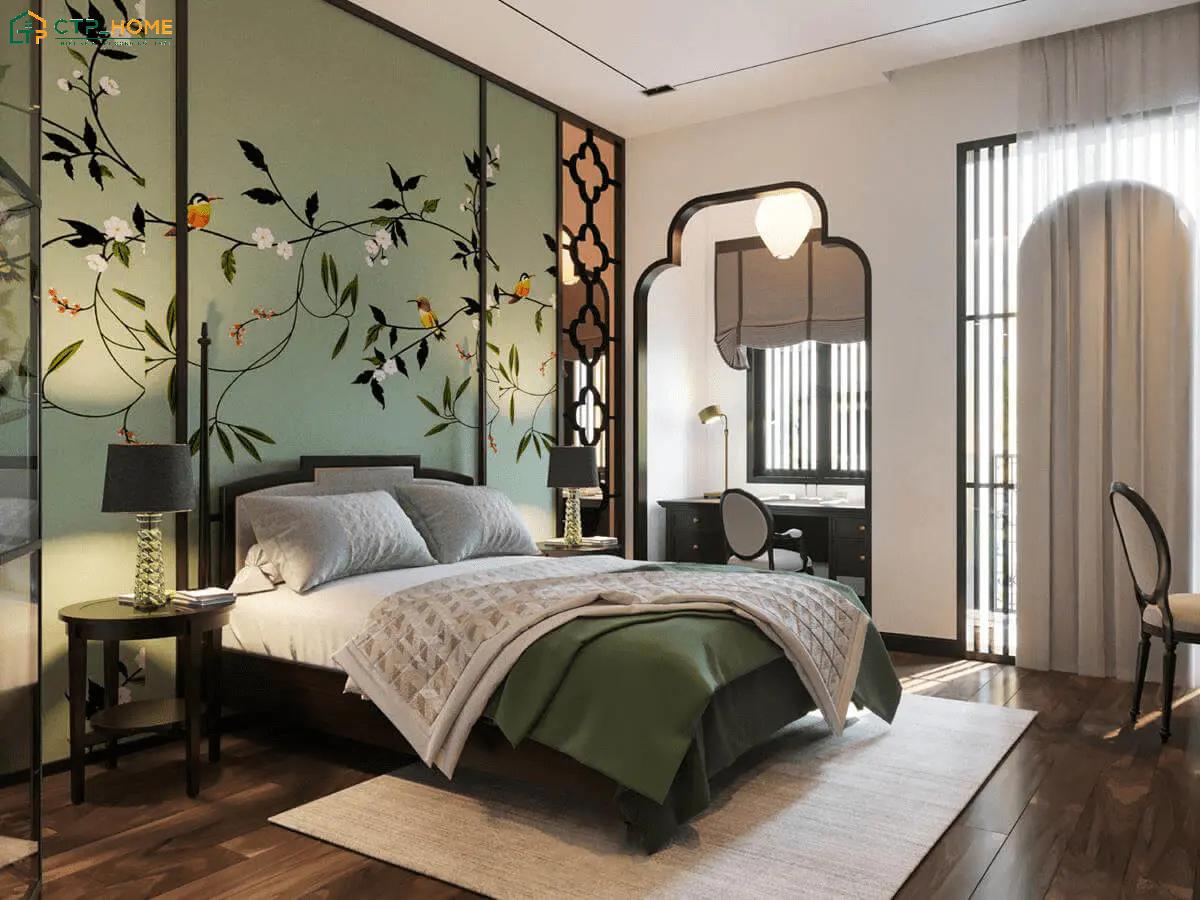 Mẫu thiết kế phòng ngủ phong cách Indochine hiện đại sẽ phù hợp với gia chủ yêu thích nét hoài cổ nhưng đề cao sự tiện nghi