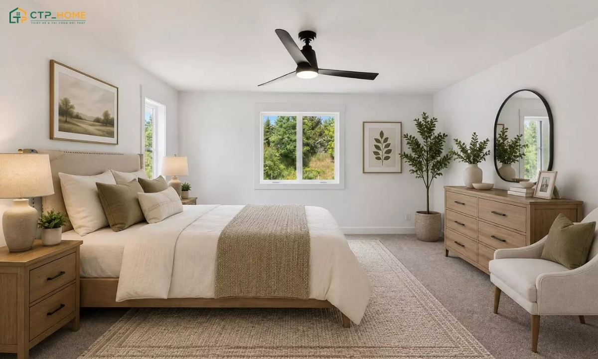 Mẫu phòng ngủ phong cách Scandinavian mộc mạc sẽ sử dụng nội thất gỗ tự nhiên để làm điểm nhấn