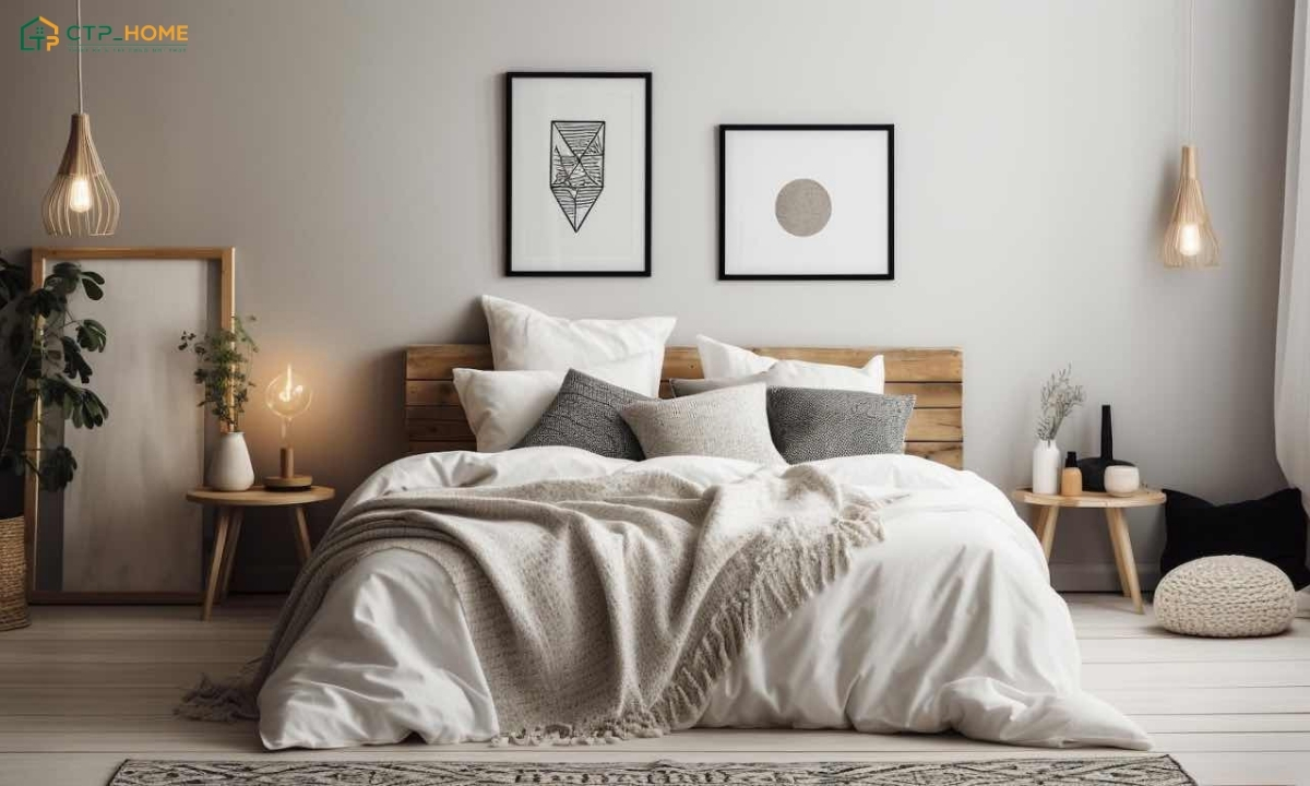 Mẫu thiết kế nội thất phòng ngủ Bắc Âu với chất liệu gỗ và vải giúp tạo cảm giác ấm áp, gần gũi hơn
