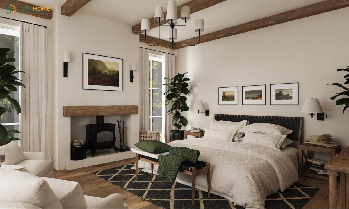 Mẫu thiết kế phòng ngủ phong cách Scandinavian với lò sưởi giúp tạo cảm giác ấm cúng hơn