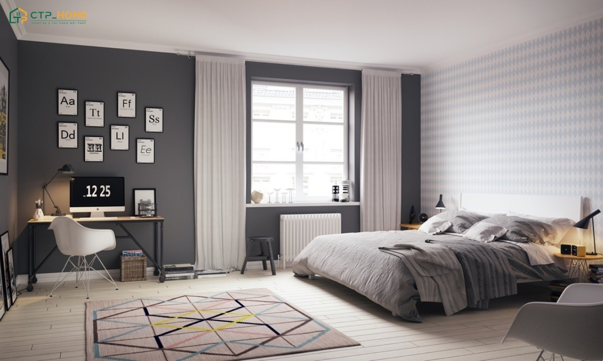 Mẫu phòng ngủ phong cách Scandinavian với gam màu xám sẽ mang đến một không gian hiện đại và trẻ trung