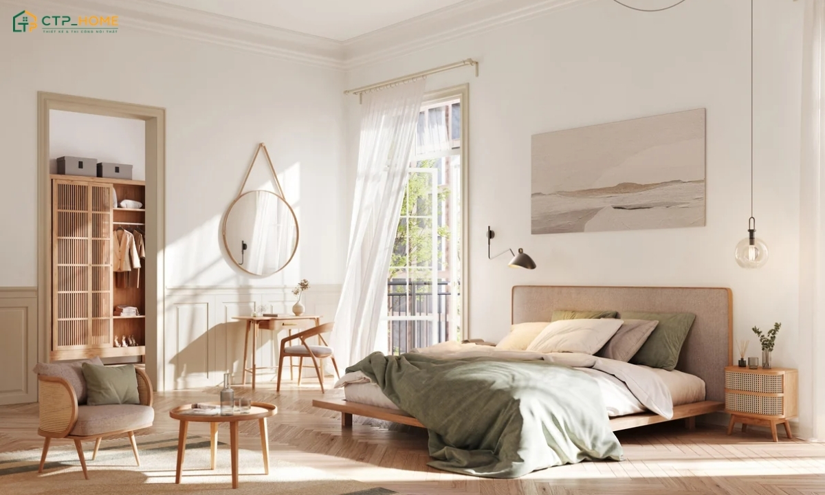Mẫu phòng ngủ phong cách Scandinavian truyền thống nổi bật với gam màu trắng và nội thất tự nhiên