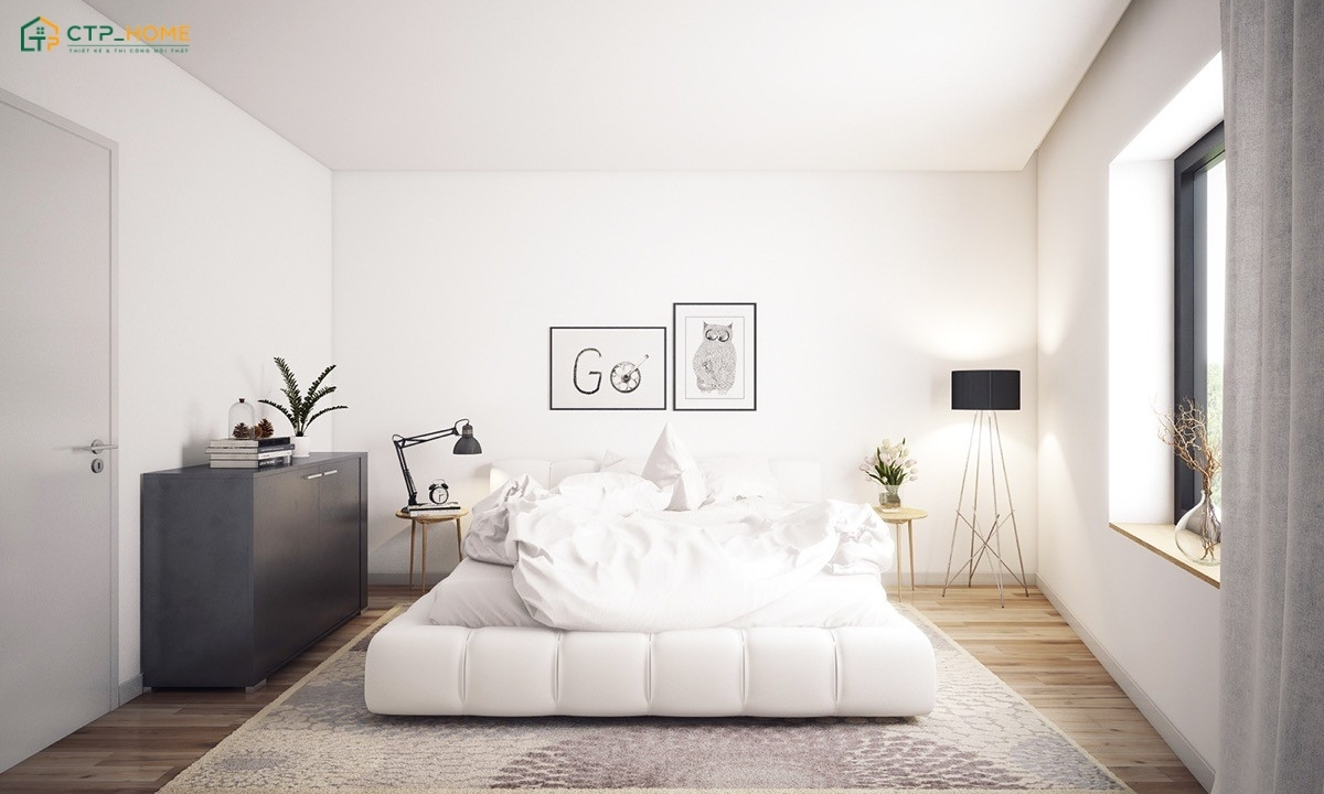 Mẫu phòng ngủ Scandinavian đơn giản với đồ nội thất được tiết chế để tạo cảm giác thông thoáng hơn