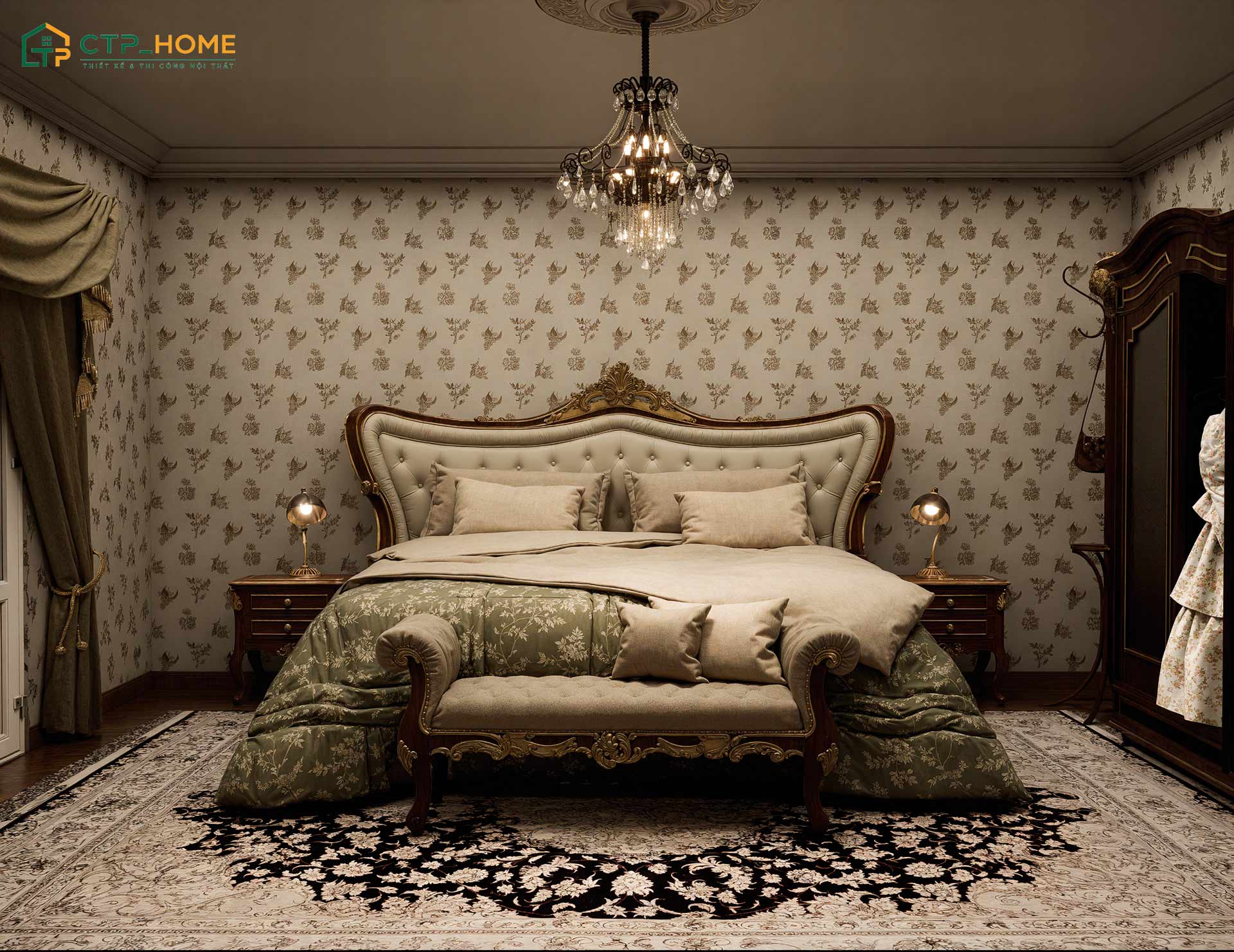 Decor phòng ngủ Vintage bằng giường ngủ tân cổ điển bề thế giúp không gian trở nên cuốn hút hơn