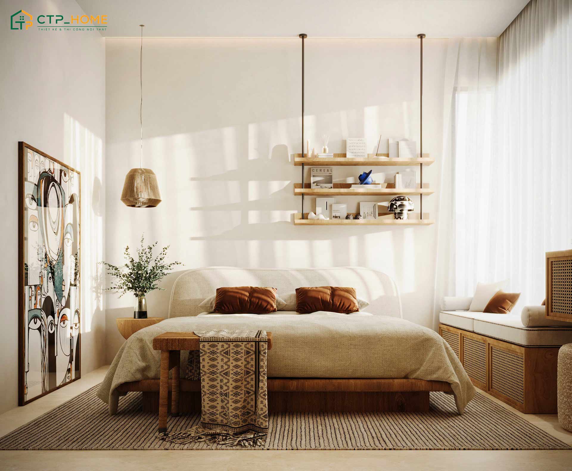 Trang trí phòng ngủ phong cách Vintage đơn giản bằng kệ gỗ treo tường sẽ giúp tạo thêm những khoảng trống