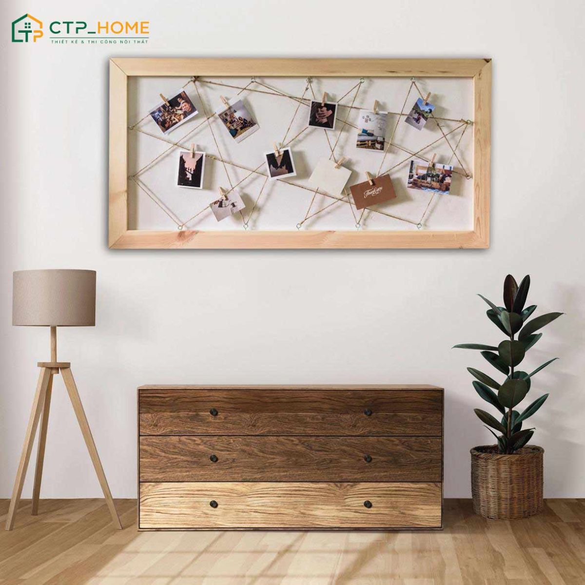 Decor phòng ngủ phong cách Vintage bằng khung lưới và kẹp ảnh gỗ sẽ tạo nên một góc kỷ niệm