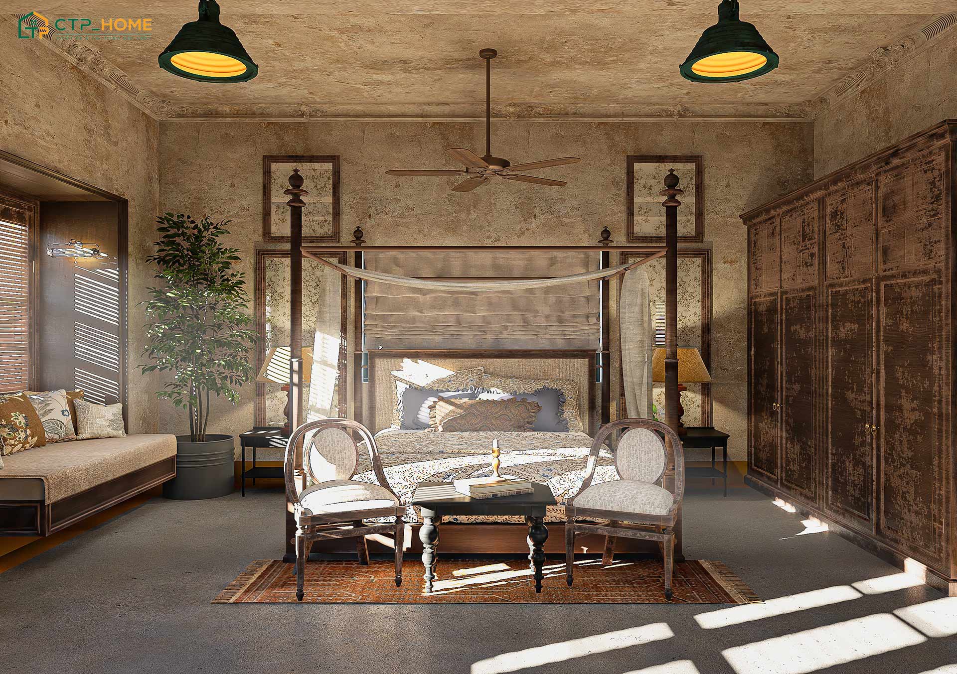 Decor phòng ngủ Vintage bằng thảm thổ cẩm là ý tưởng sáng tạo giúp không gian trở nên gần gũi hơn.