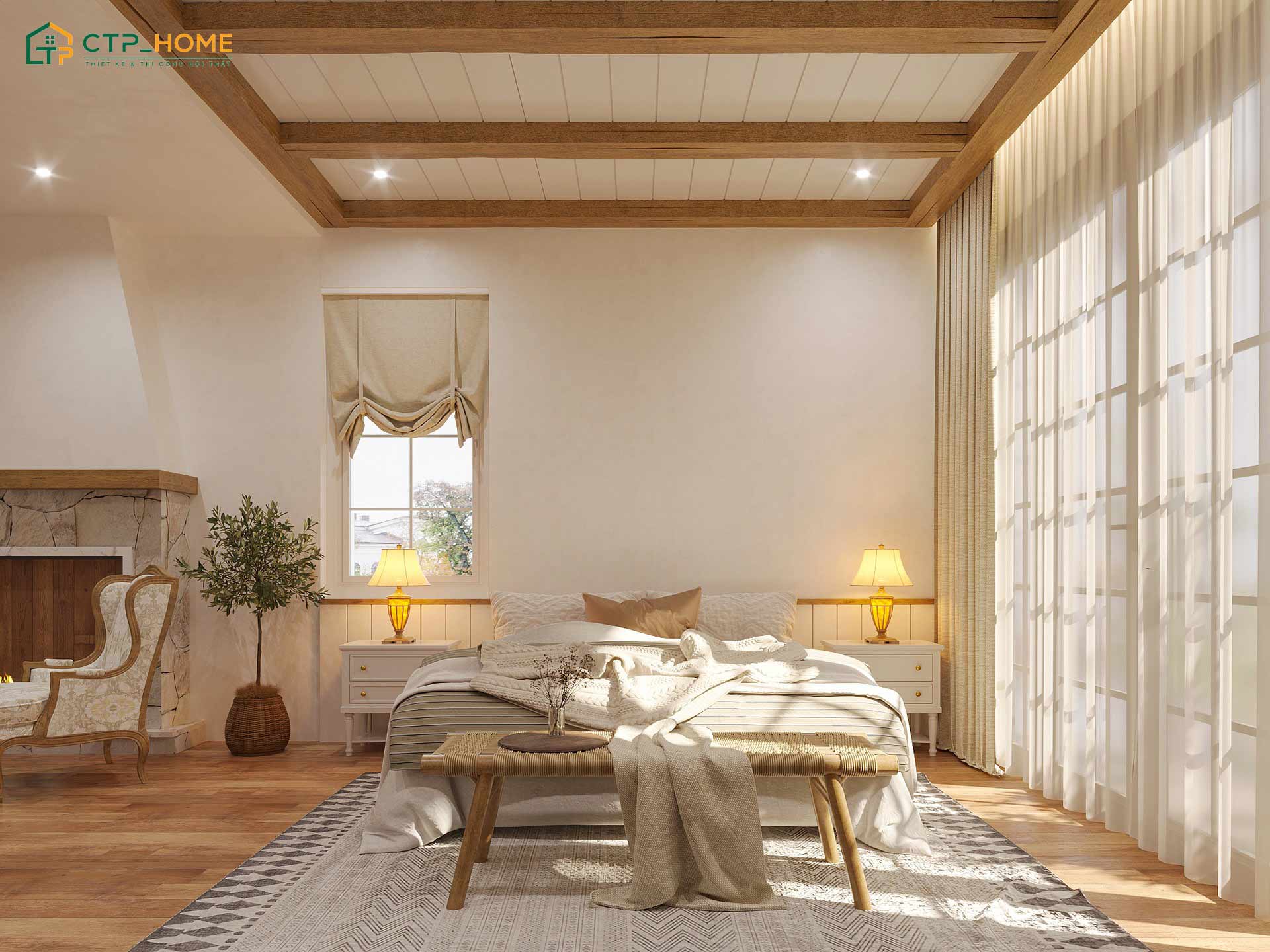 Trang trí phòng ngủ phong cách Vintage bằng rèm vải ren với ánh nắng tự nhiên sẽ tạo ra hiệu ứng đổ bóng nhẹ nhàng