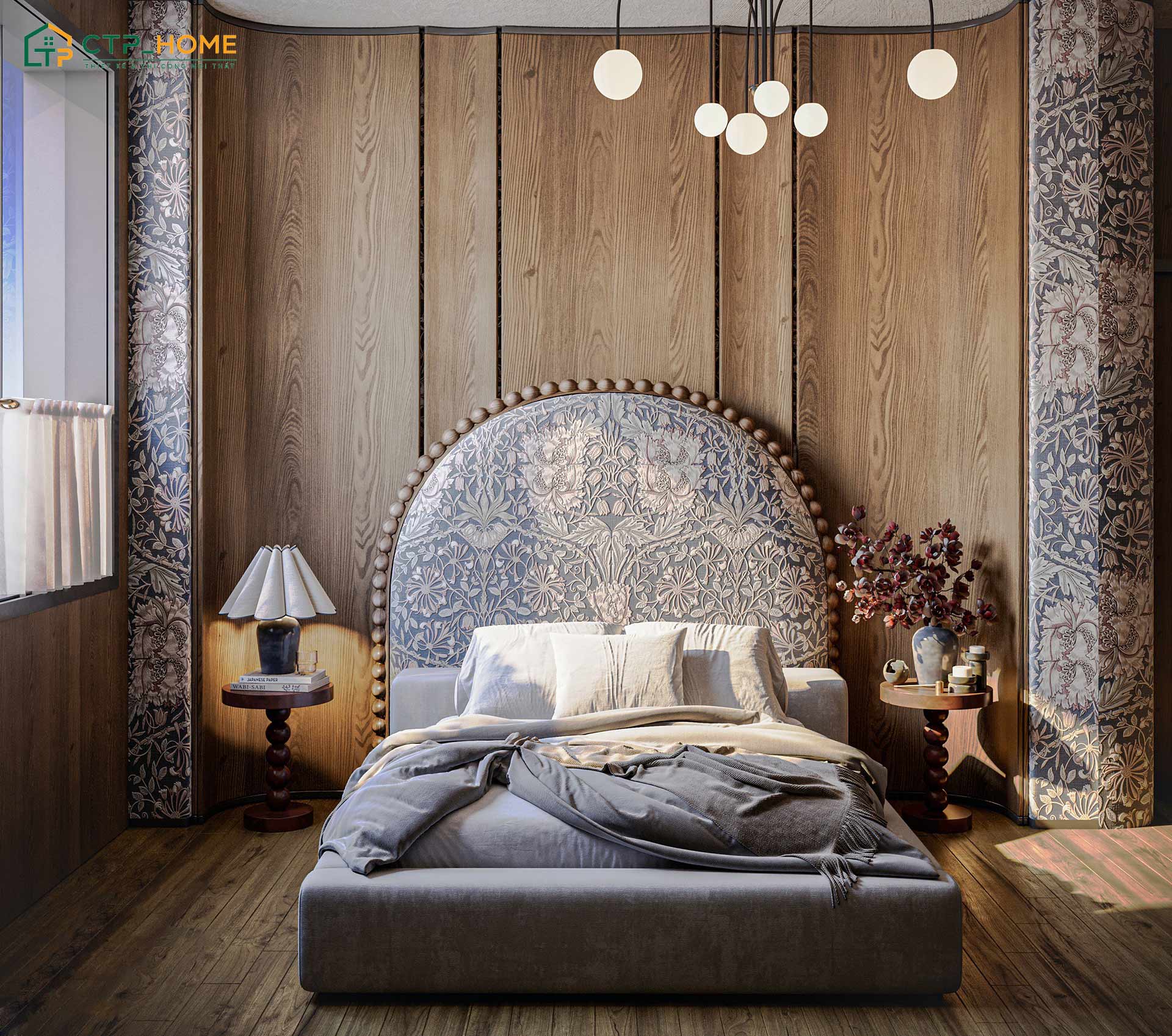 Decor phòng ngủ phong cách Vintage với tường gỗ mộc mạc giúp căn phòng trở nên ấm cúng hơn