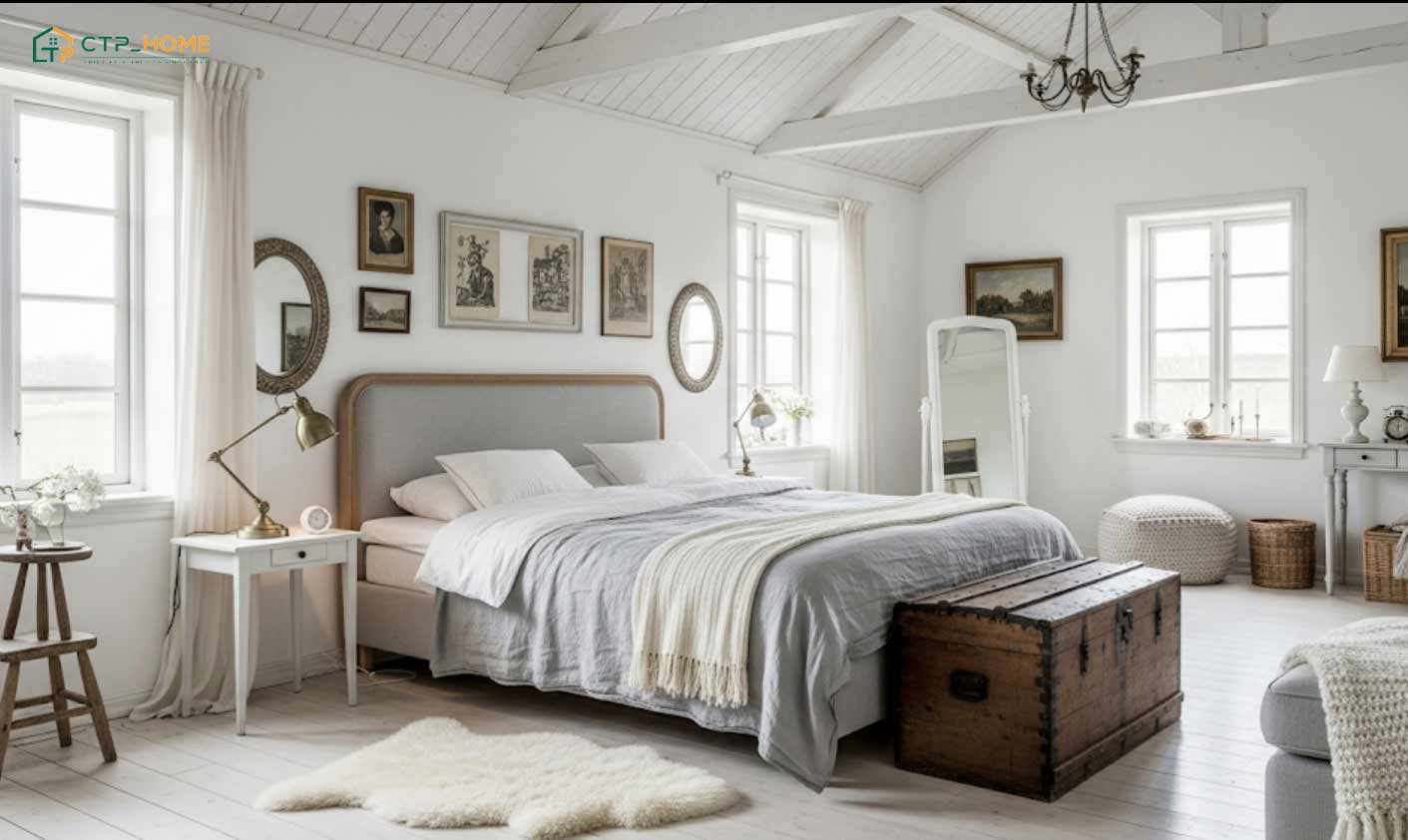 Decor phòng ngủ phong cách Vintage bằng bàn và vali cũ giúp gia tăng sự tiện nghi khi sử dụng