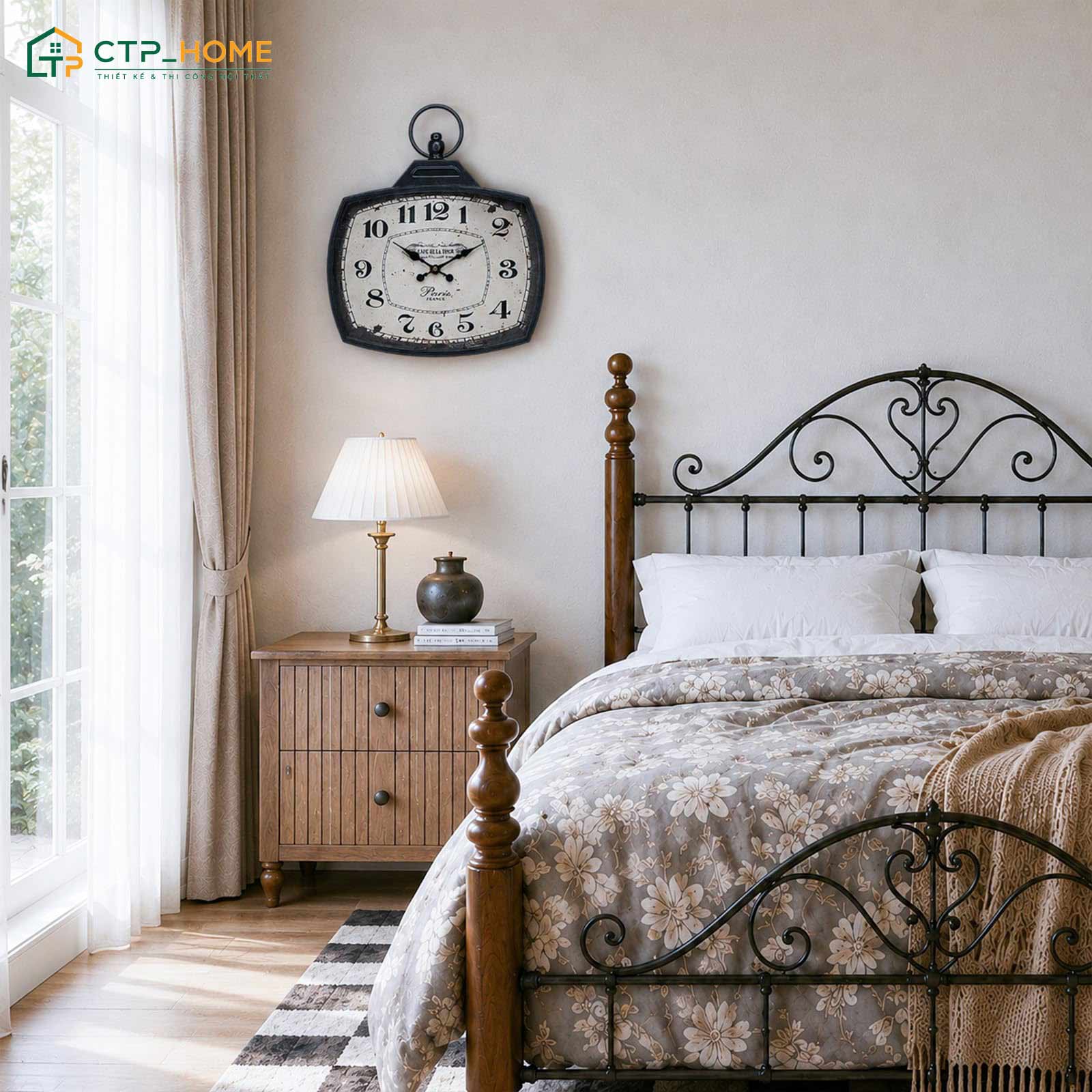 Sử dụng đồng hồ cổ điển để decor phòng ngủ Vintage sẽ giúp gia tăng chiều sâu cho không gian