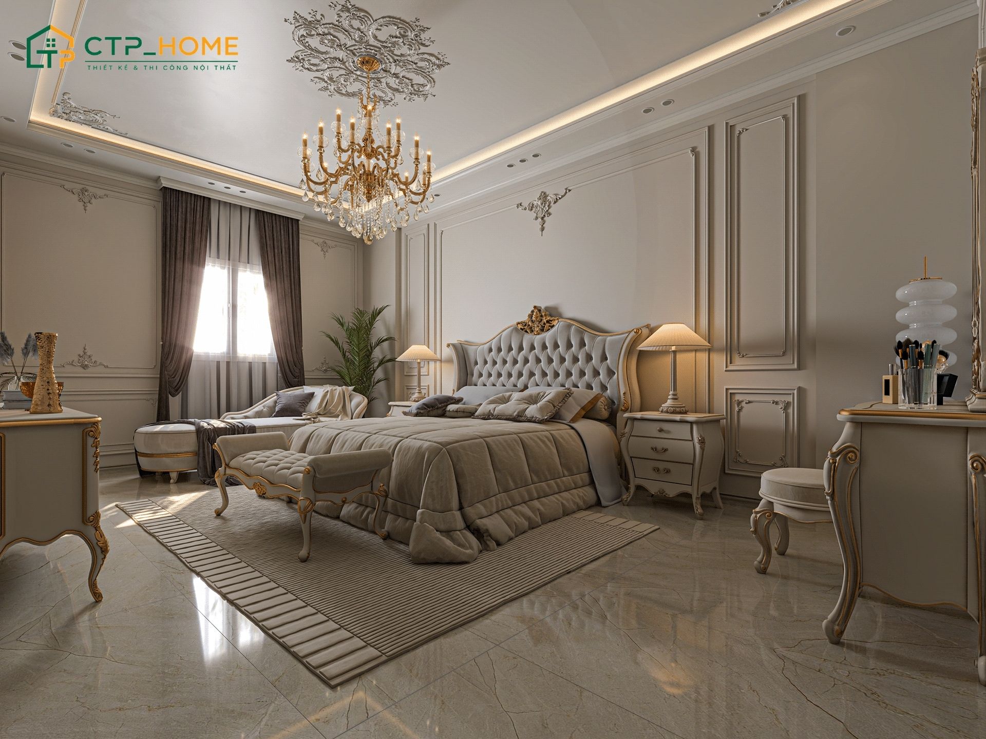 Mẫu thiết kế phòng ngủ cổ điển phương Tây với tone màu trắng giúp tôn lên vẻ đẹp tinh xảo của chi tiết trang trí