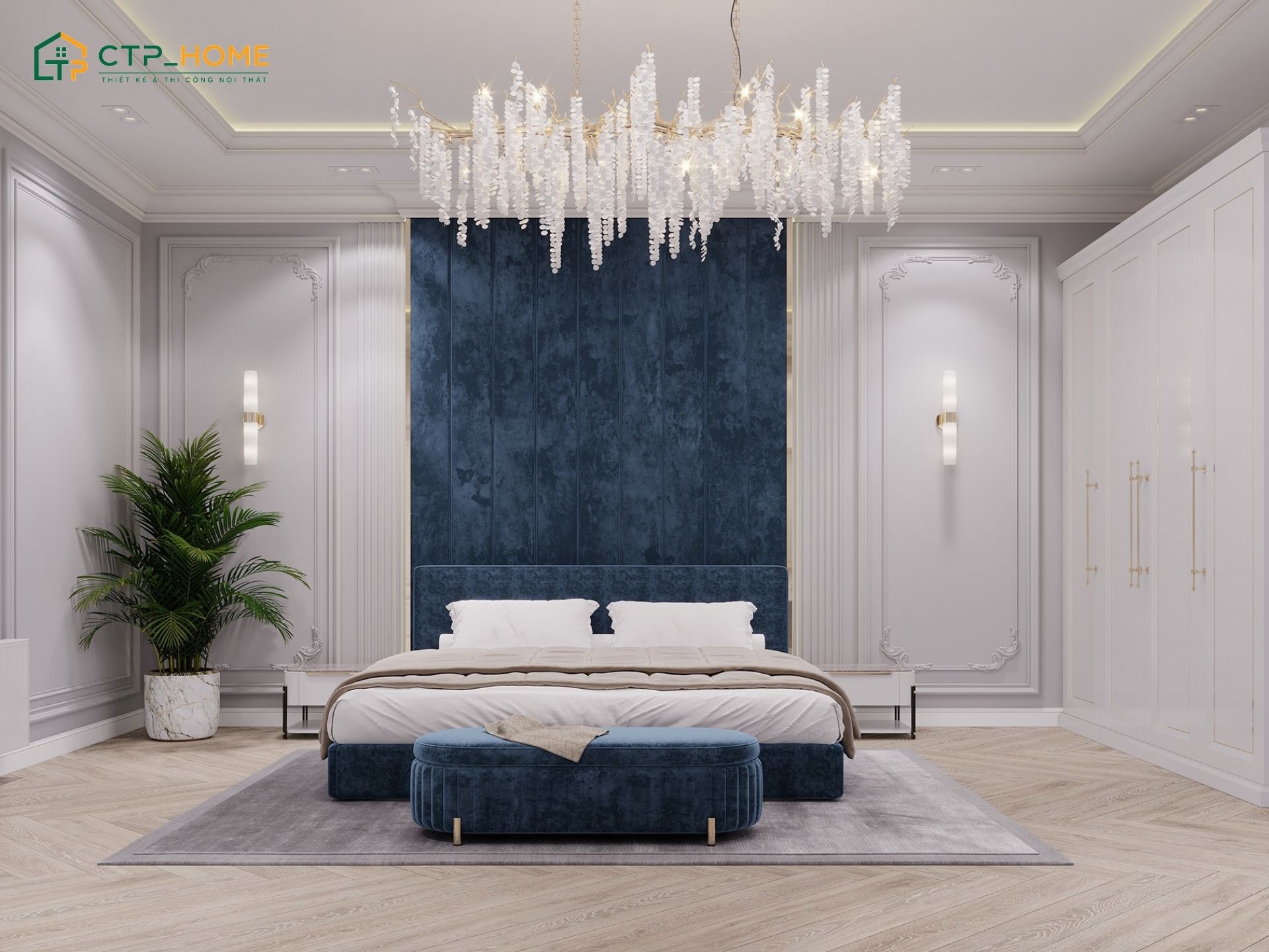 Sử dụng hai tone màu đối lập trắng và xanh giúp tạo nên vẻ đẹp khác biệt cho phòng ngủ Châu Âu cổ điển