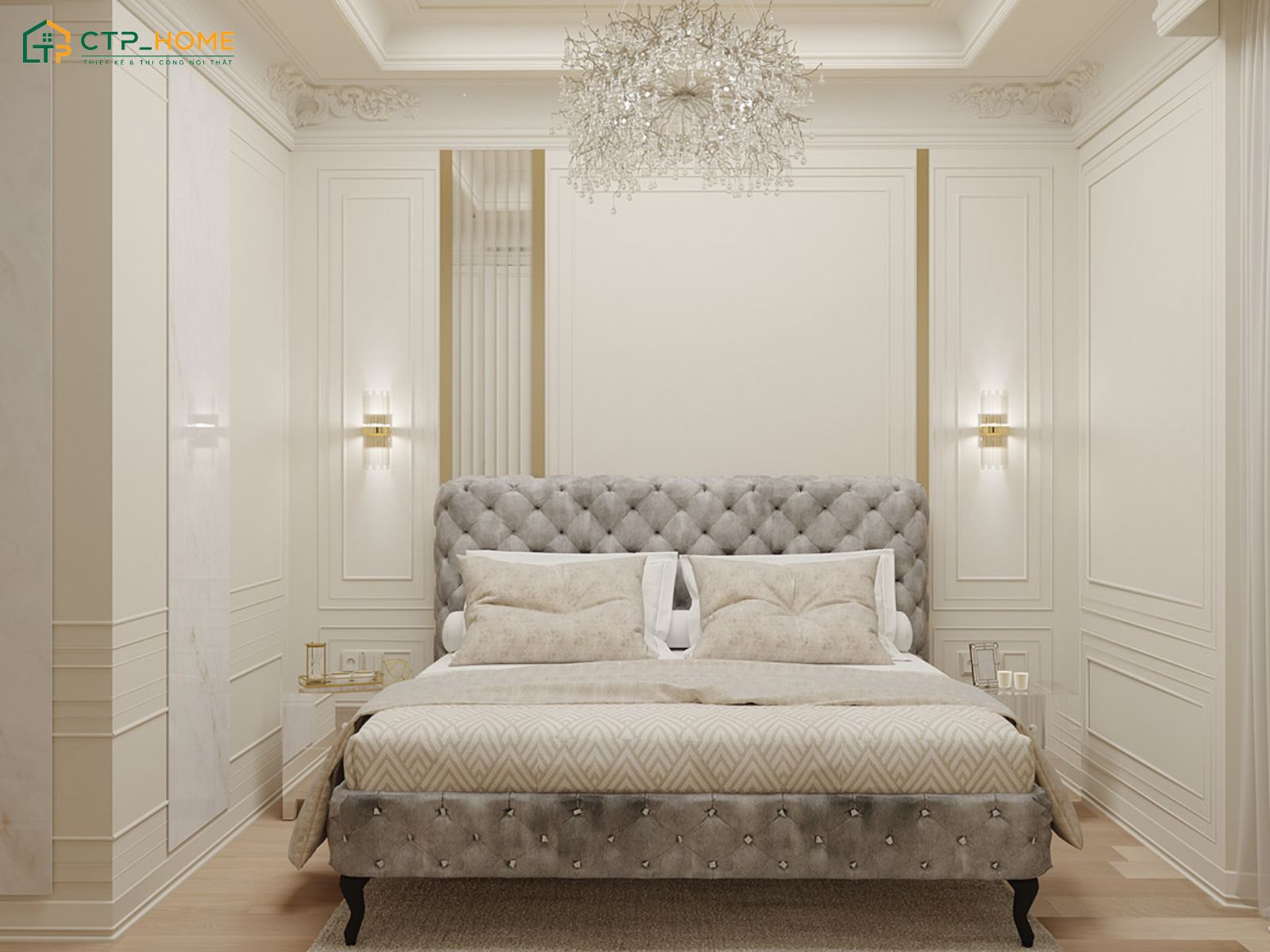 Mẫu thiết kế phòng ngủ phong cách tân cổ điển nhỏ xinh với nội thất nhỏ gọn giúp tạo sự thoải mái và dễ chịu