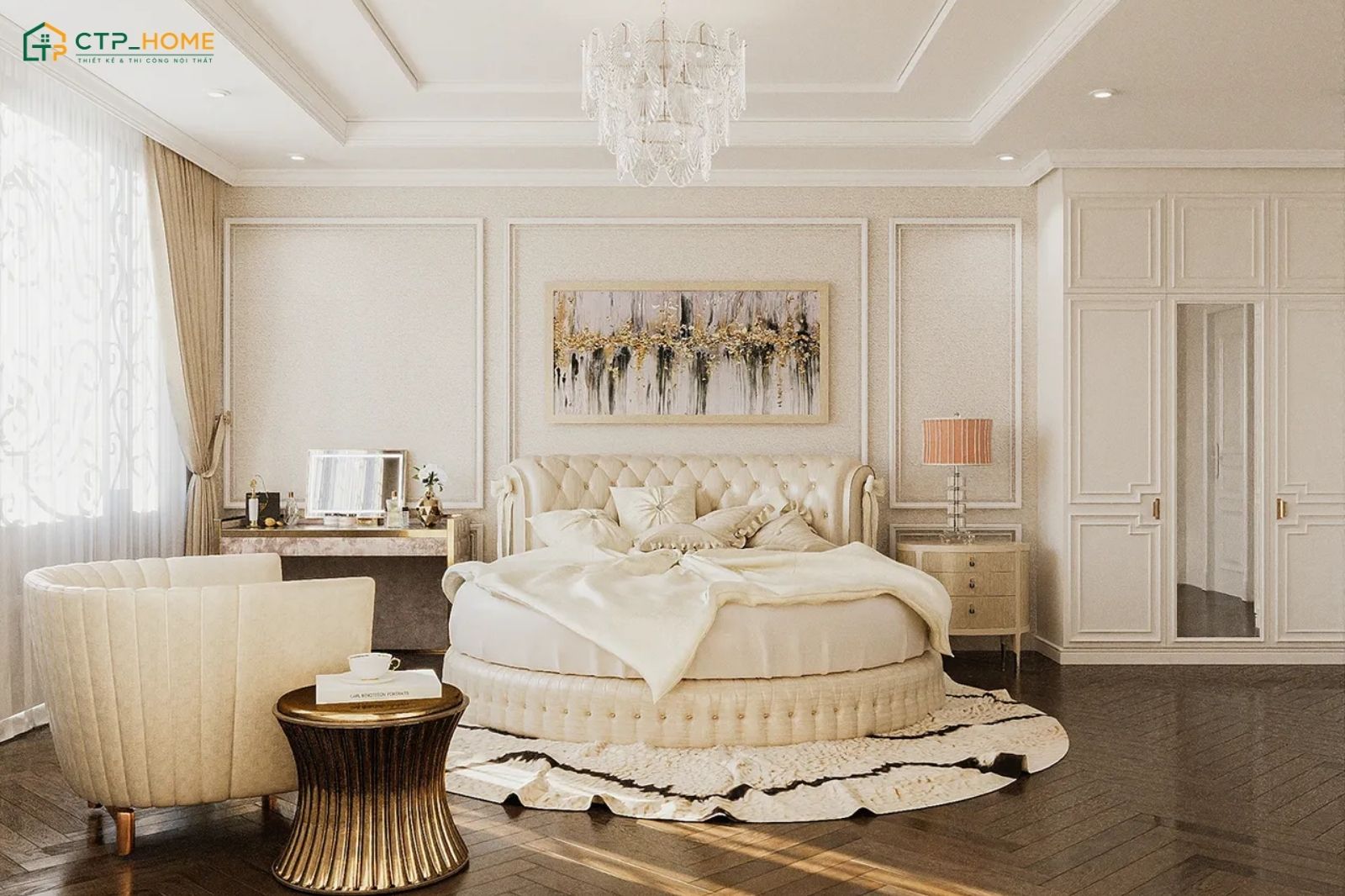 Mẫu thiết kế nội thất phòng ngủ tân cổ điển với gam màu champagne thời thượng và nội thất cao cấp