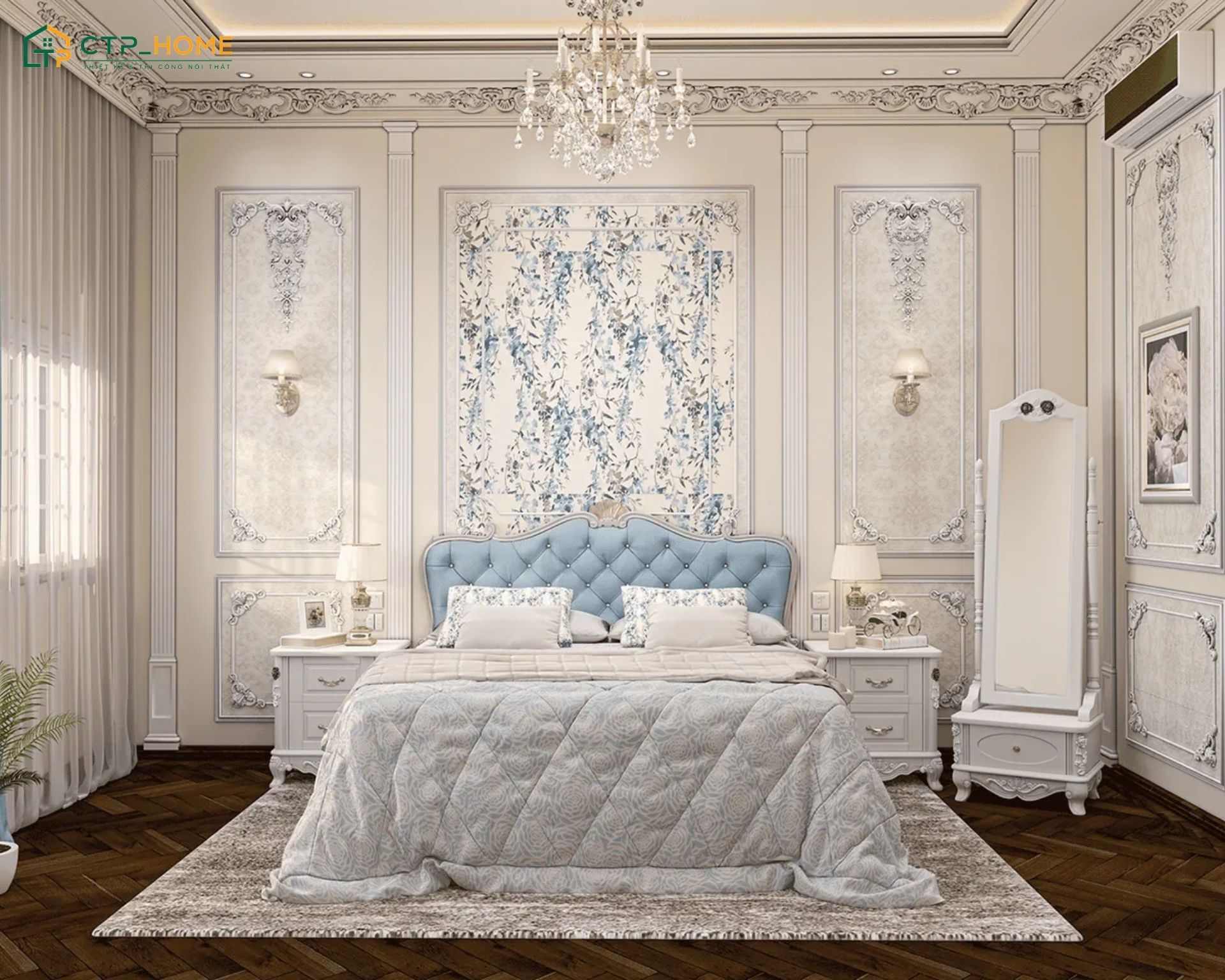 Mẫu phòng ngủ phong cách cổ điển thời thượng gây ấn tượng với các hoạ tiết hoa văn được chạm khắc tỉ mỉ