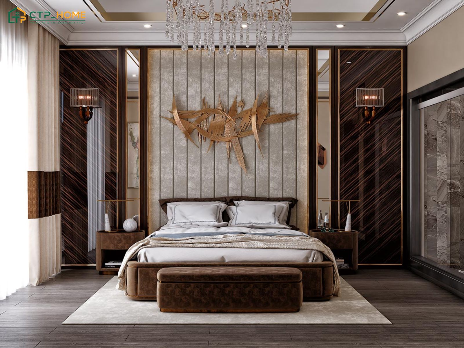 Mẫu phòng ngủ tân cổ điển màu trầm với nội thất bằng da cao cấp giúp thể hiện gu thẩm mỹ của chủ nhà