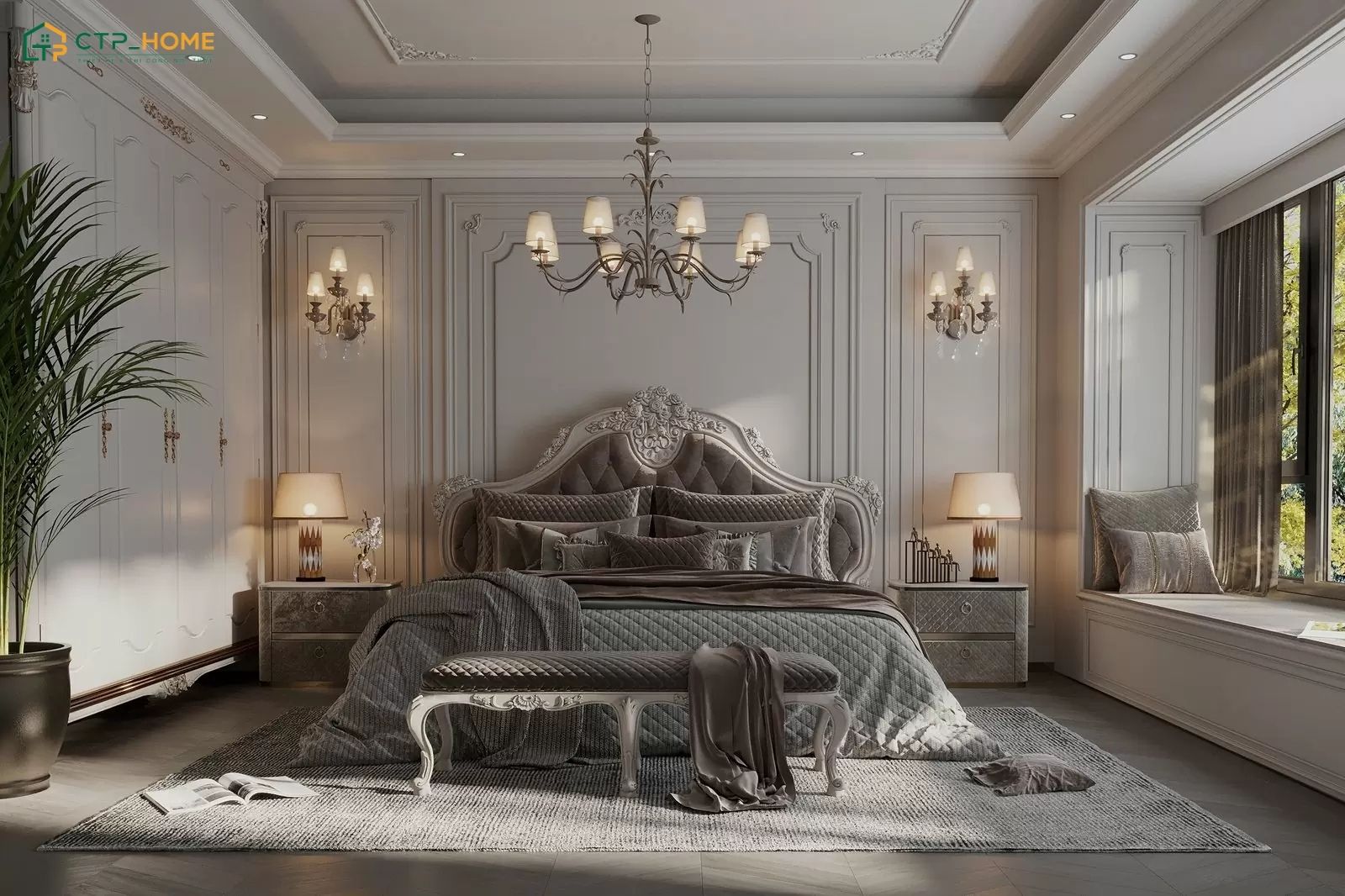 Mẫu phòng ngủ màu trầm tân cổ điển sẽ kết hợp với ánh sáng tự nhiên để đảm bảo sự thông thoáng