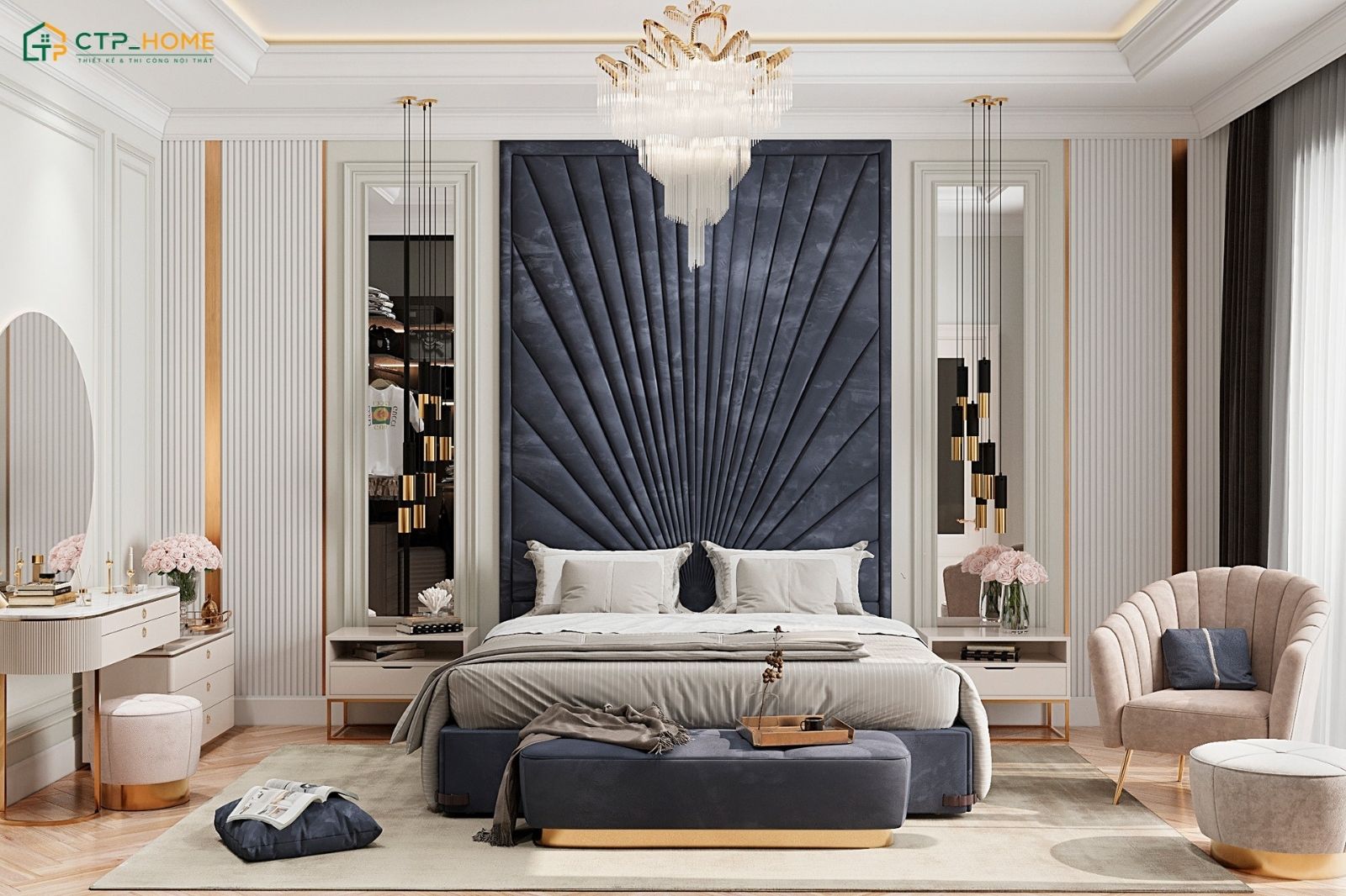 Mẫu phòng ngủ màu xanh tân cổ điển sẽ tạo điểm nhấn ở mảng tường hoặc các món đồ nội thất