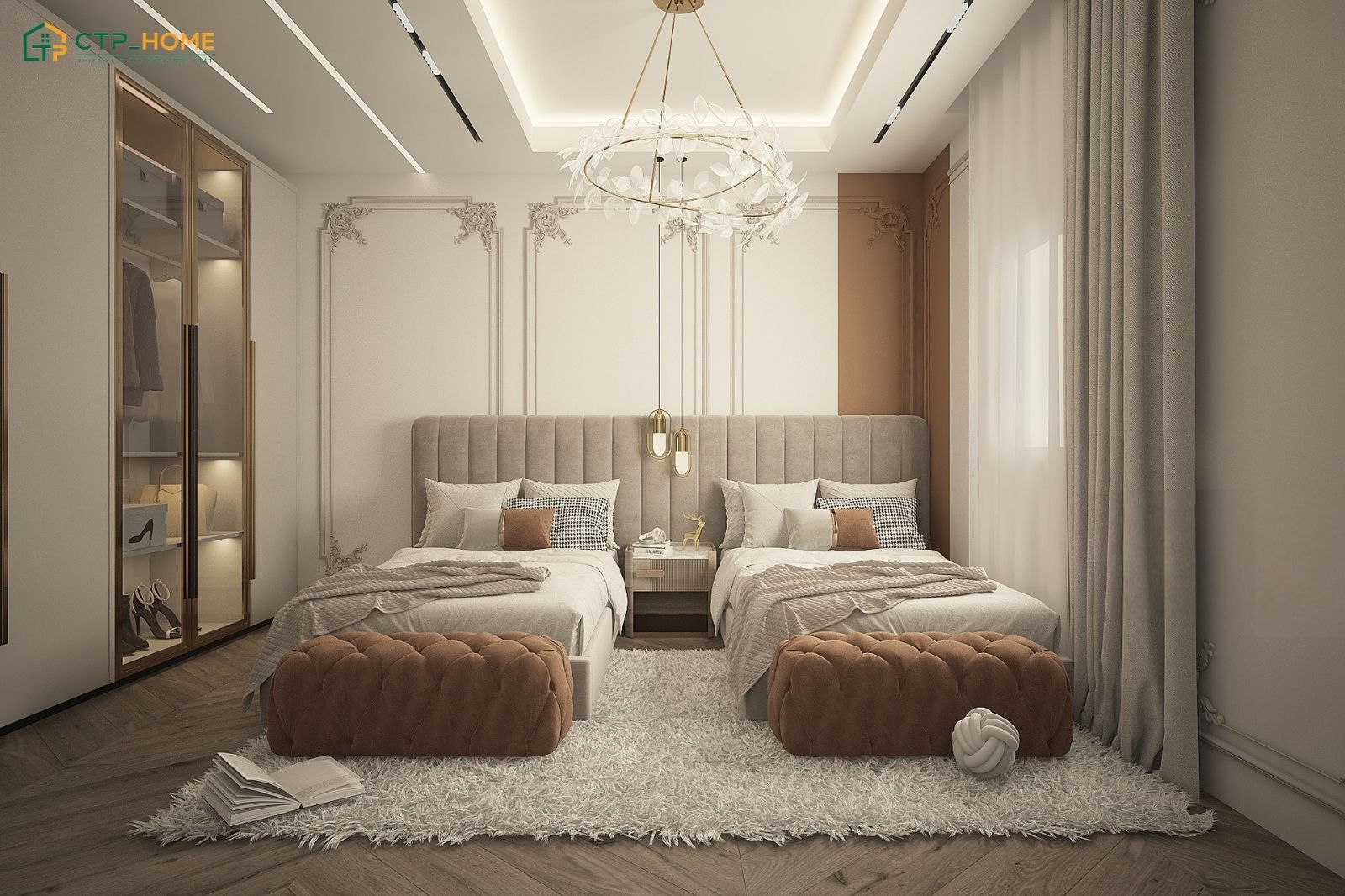 Mẫu phòng ngủ phong cách tân cổ điển với hai giường đơn sẽ phù hợp với gia đình có hai bé gái