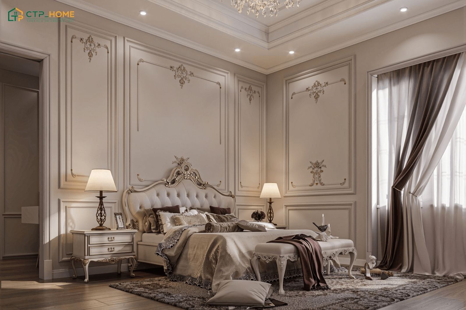 Mẫu thiết kế nội thất phòng ngủ tân cổ điển cho vợ chồng với các món đồ nội thất được chạm khắc tỉ mỉ