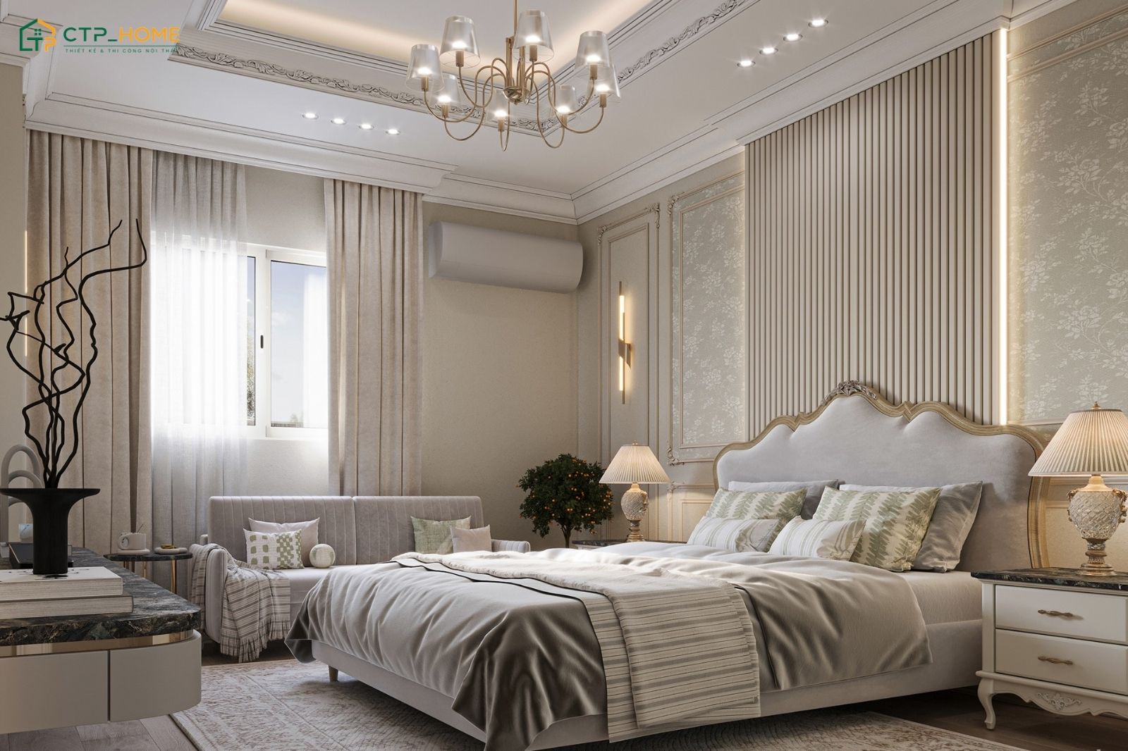 Bố trí nội thất phòng ngủ vợ chồng tân cổ điển cân đối giúp tối ưu diện tích và nâng cao chất lượng giấc ngủ